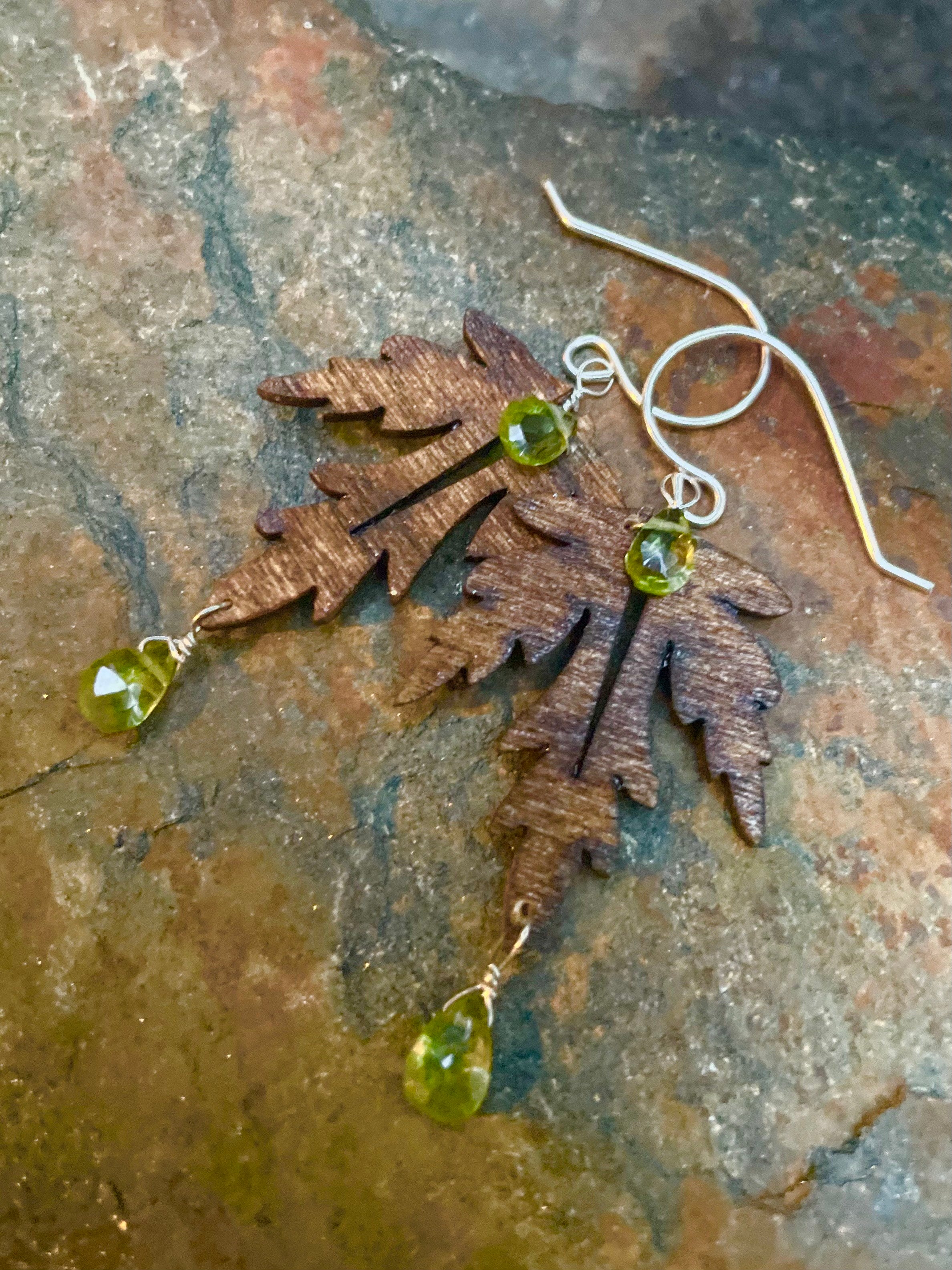 Natural Wood, Peridot and Sterling Silver Earrings