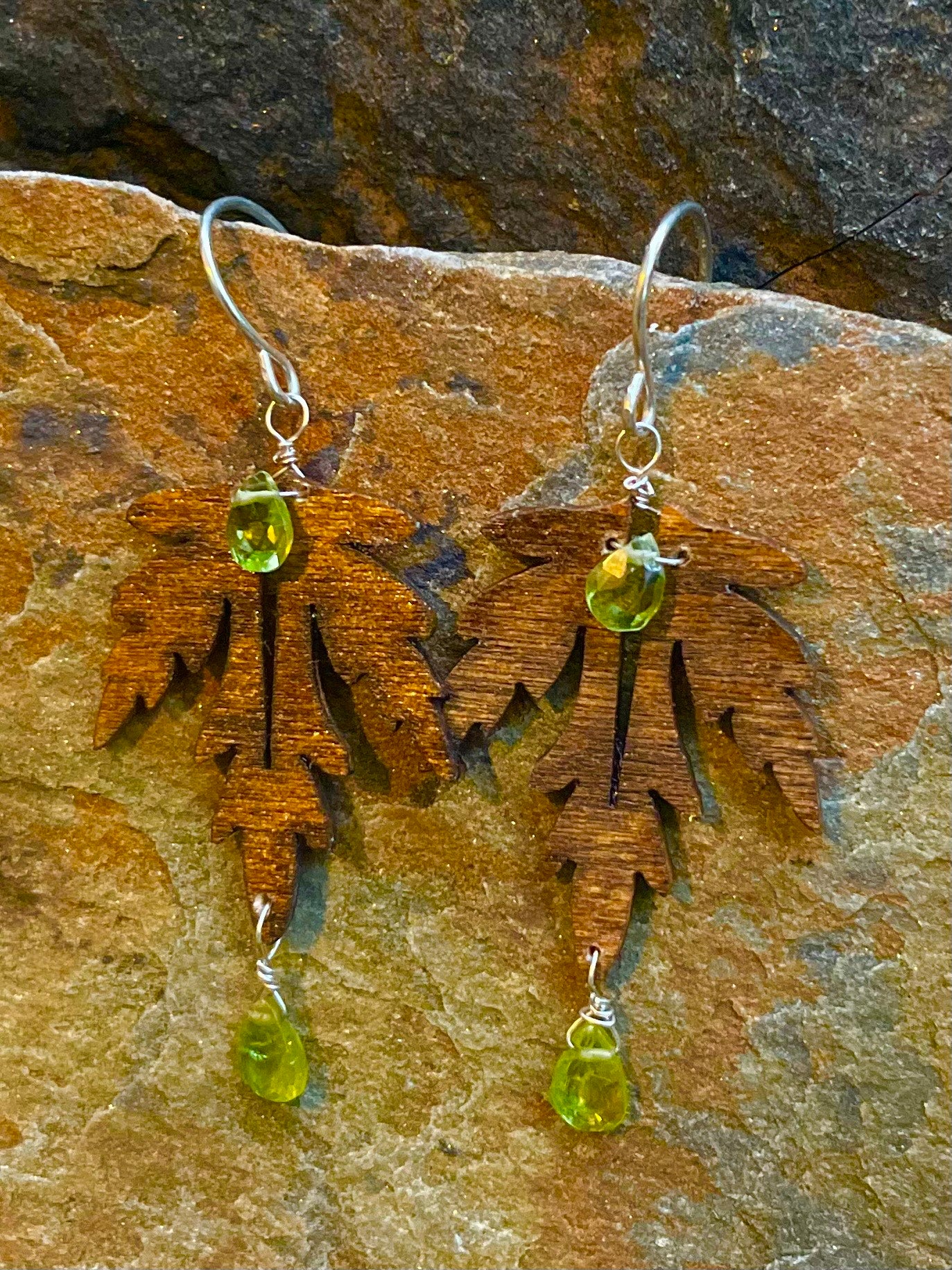 Natural Wood, Peridot and Sterling Silver Earrings