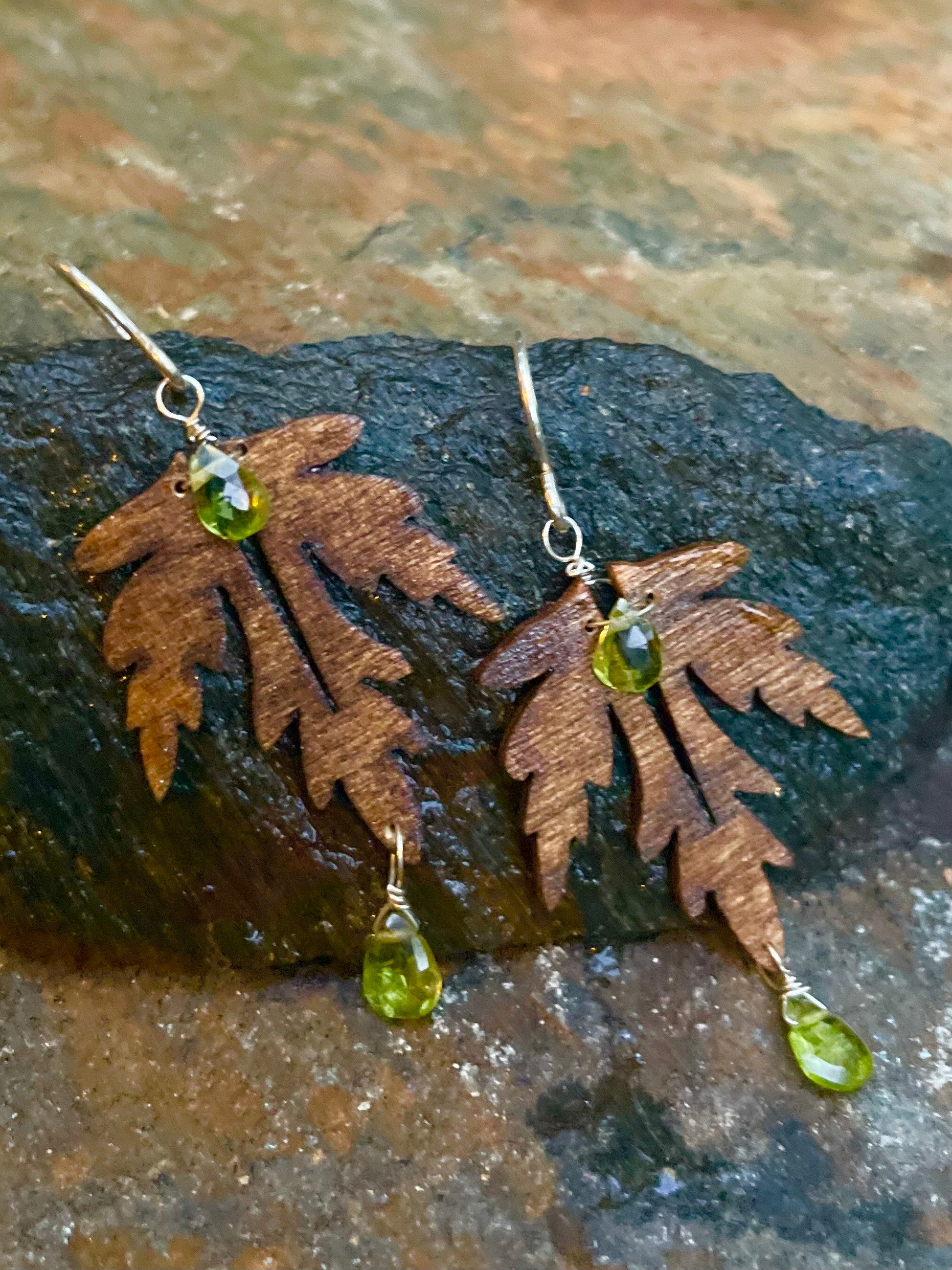 Natural Wood, Peridot and Sterling Silver Earrings
