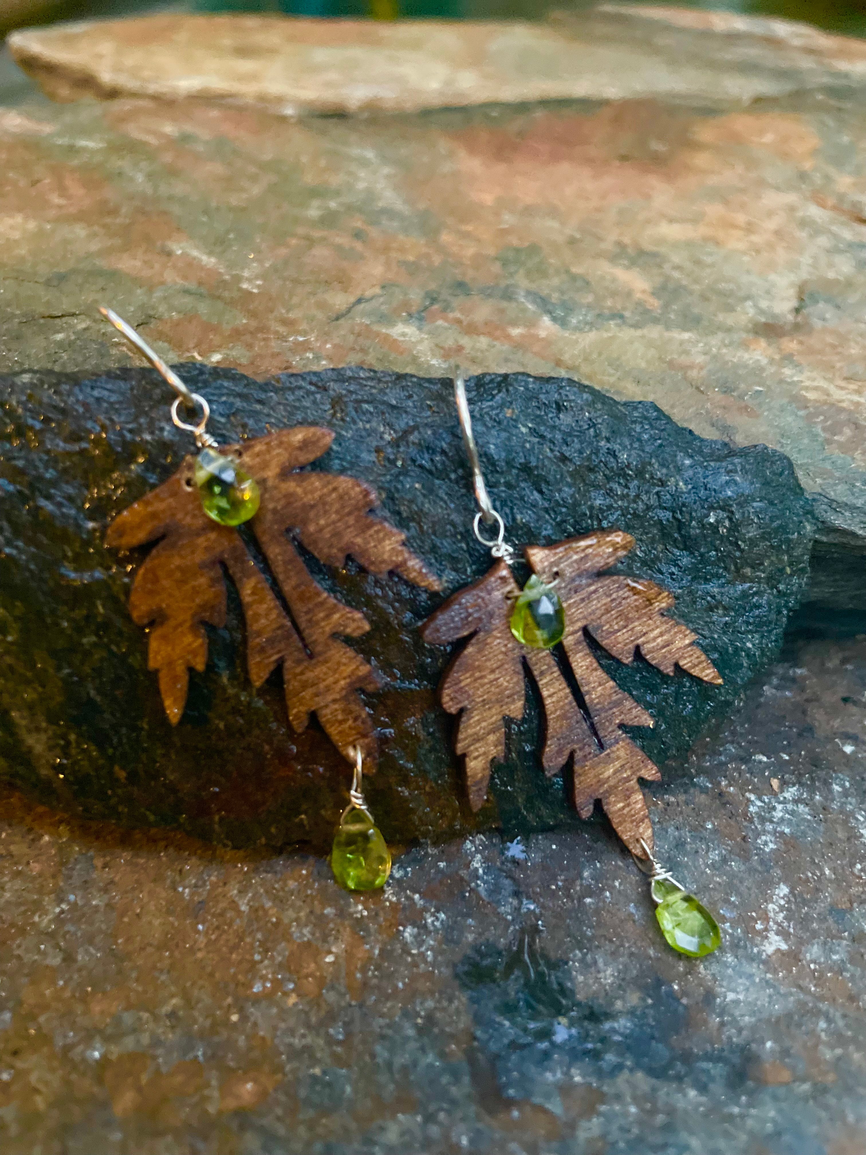 Natural Wood, Peridot and Sterling Silver Earrings