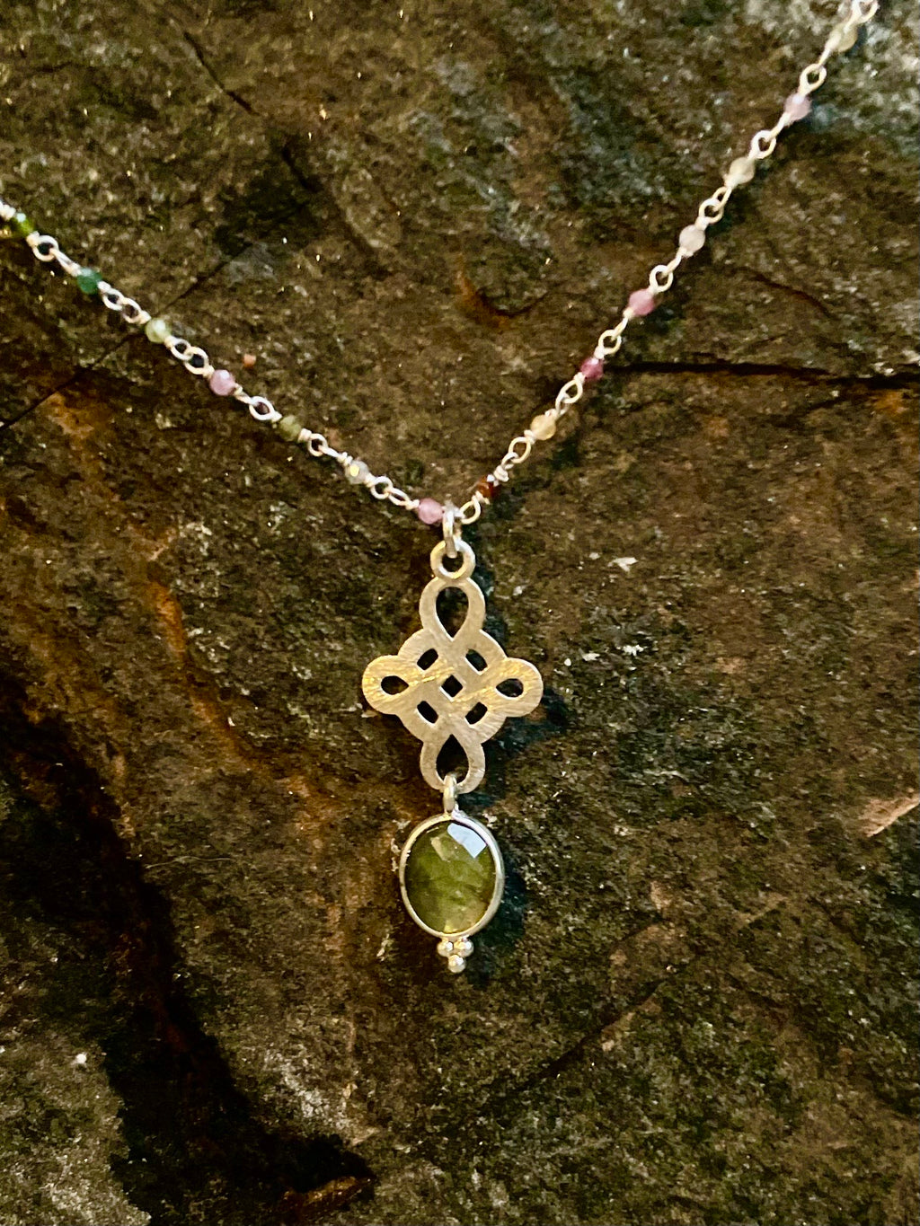 Tourmaline Wrapped Silver Celtic Cross and Labradorite Necklace