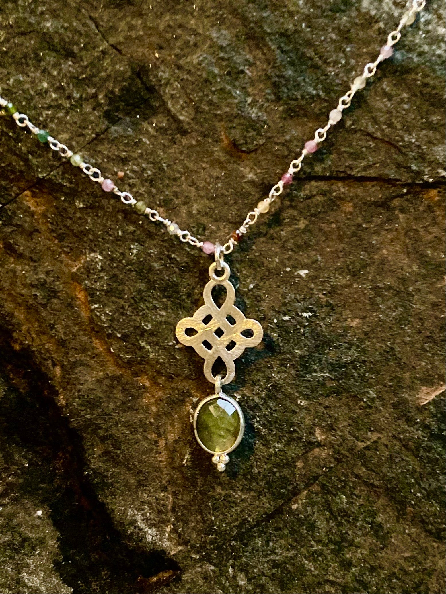 Tourmaline Wrapped Silver Celtic Cross and Labradorite Necklace