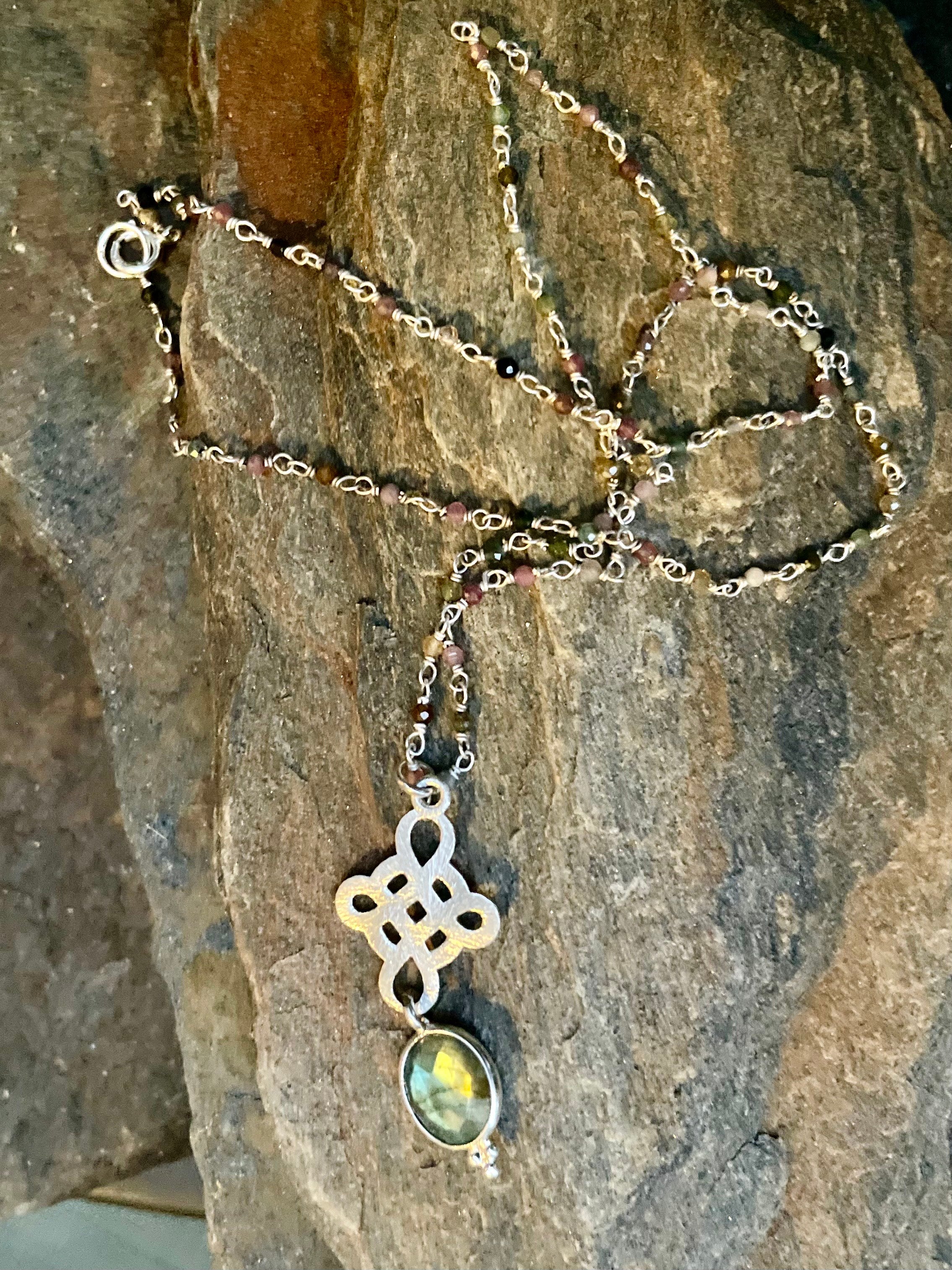 Tourmaline Wrapped Silver Celtic Cross and Labradorite Necklace
