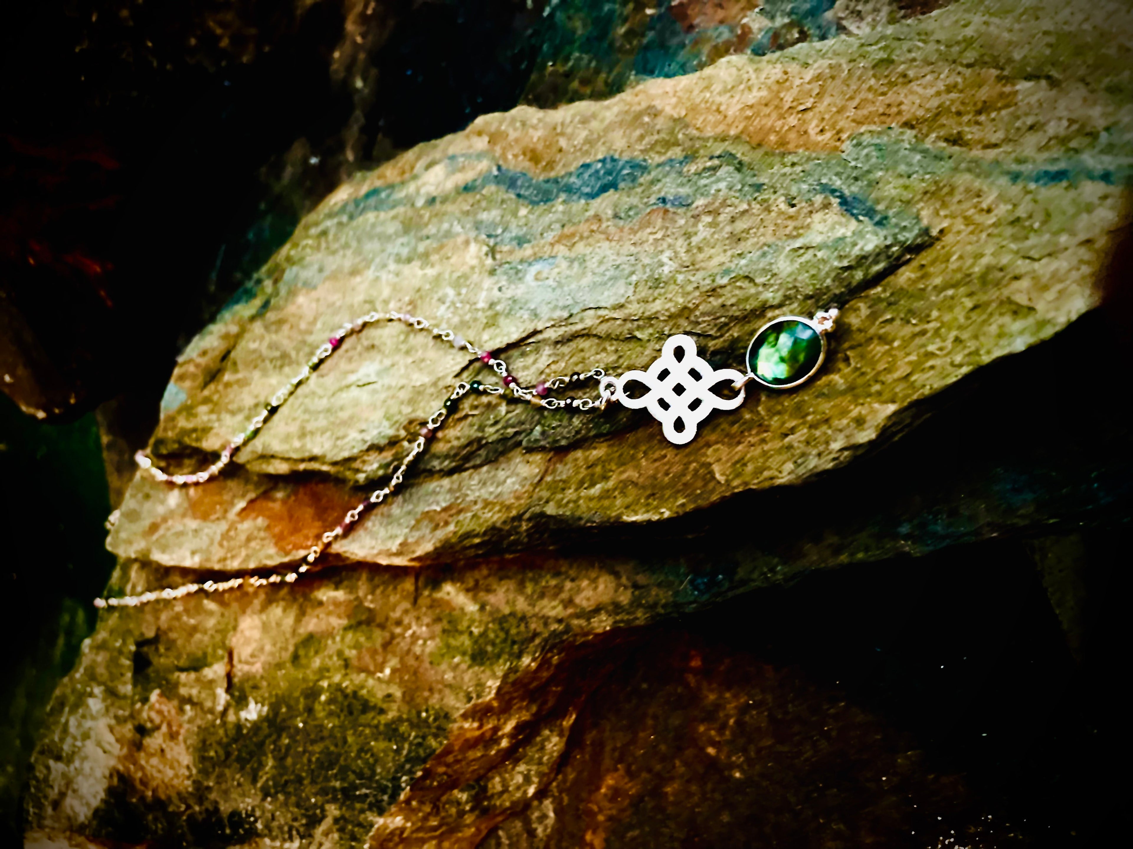 Tourmaline Wrapped Silver Celtic Cross and Labradorite Necklace
