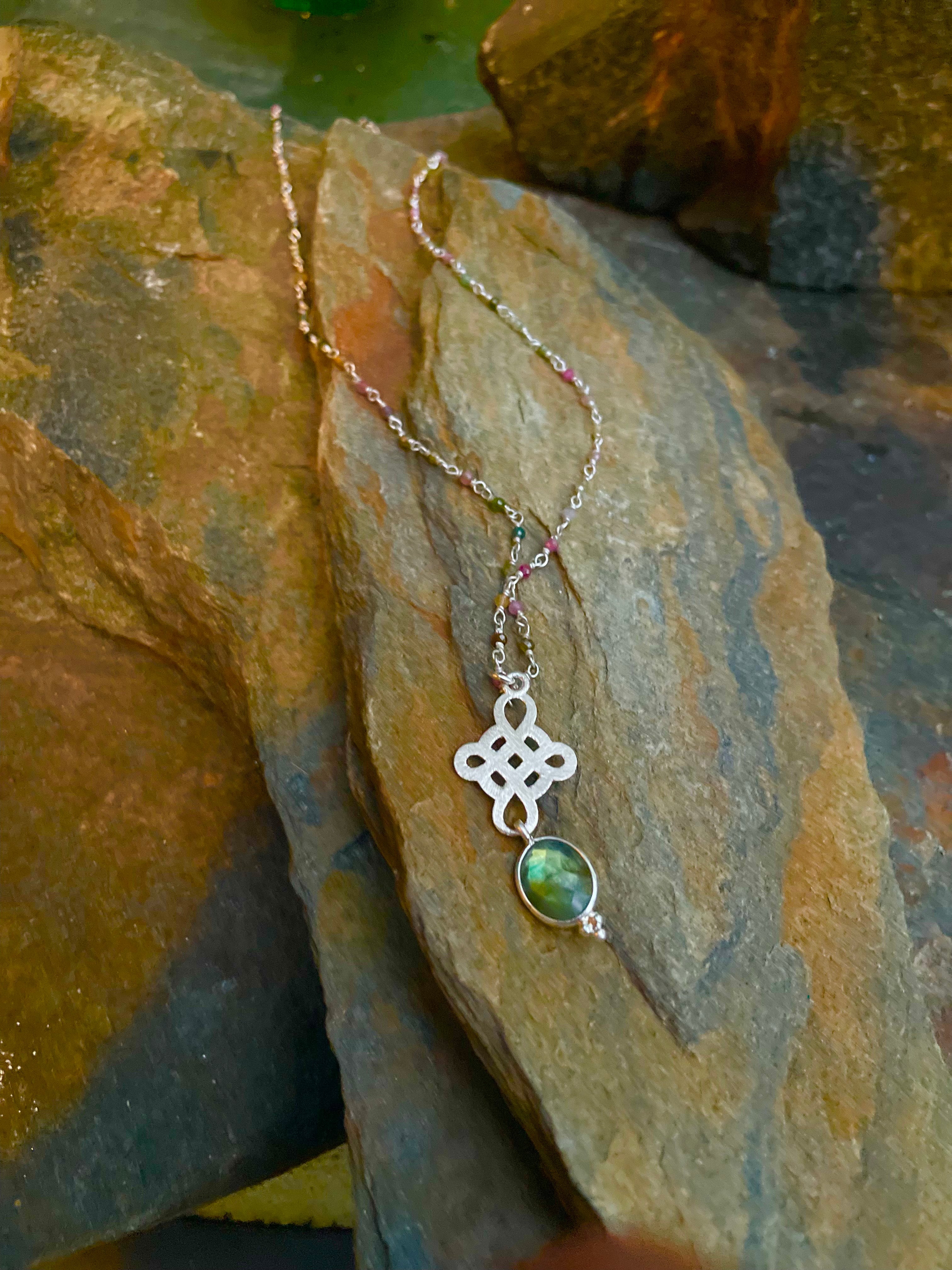 Tourmaline Wrapped Silver Celtic Cross and Labradorite Necklace
