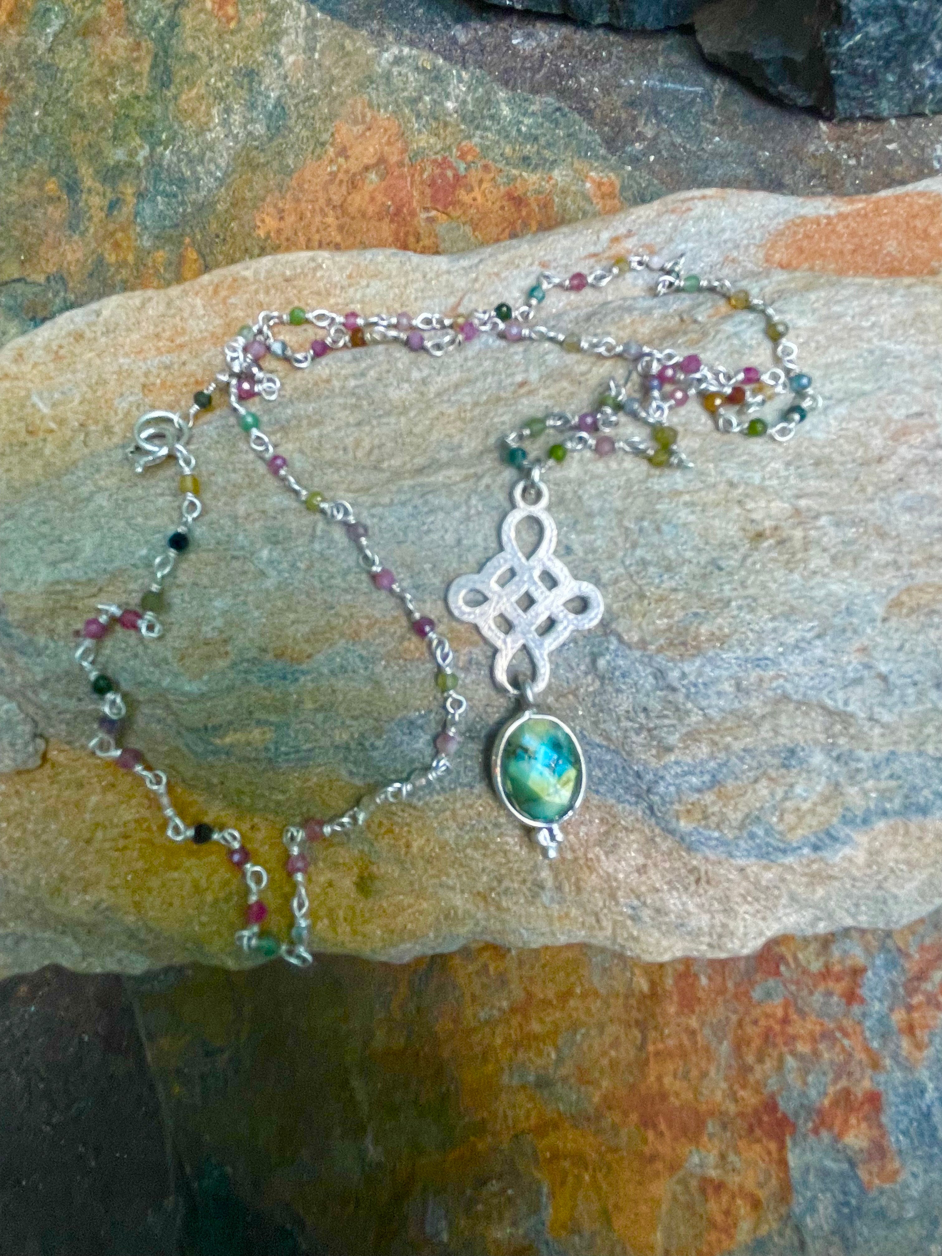 Tourmaline Wrapped Silver Celtic Cross and Labradorite Necklace