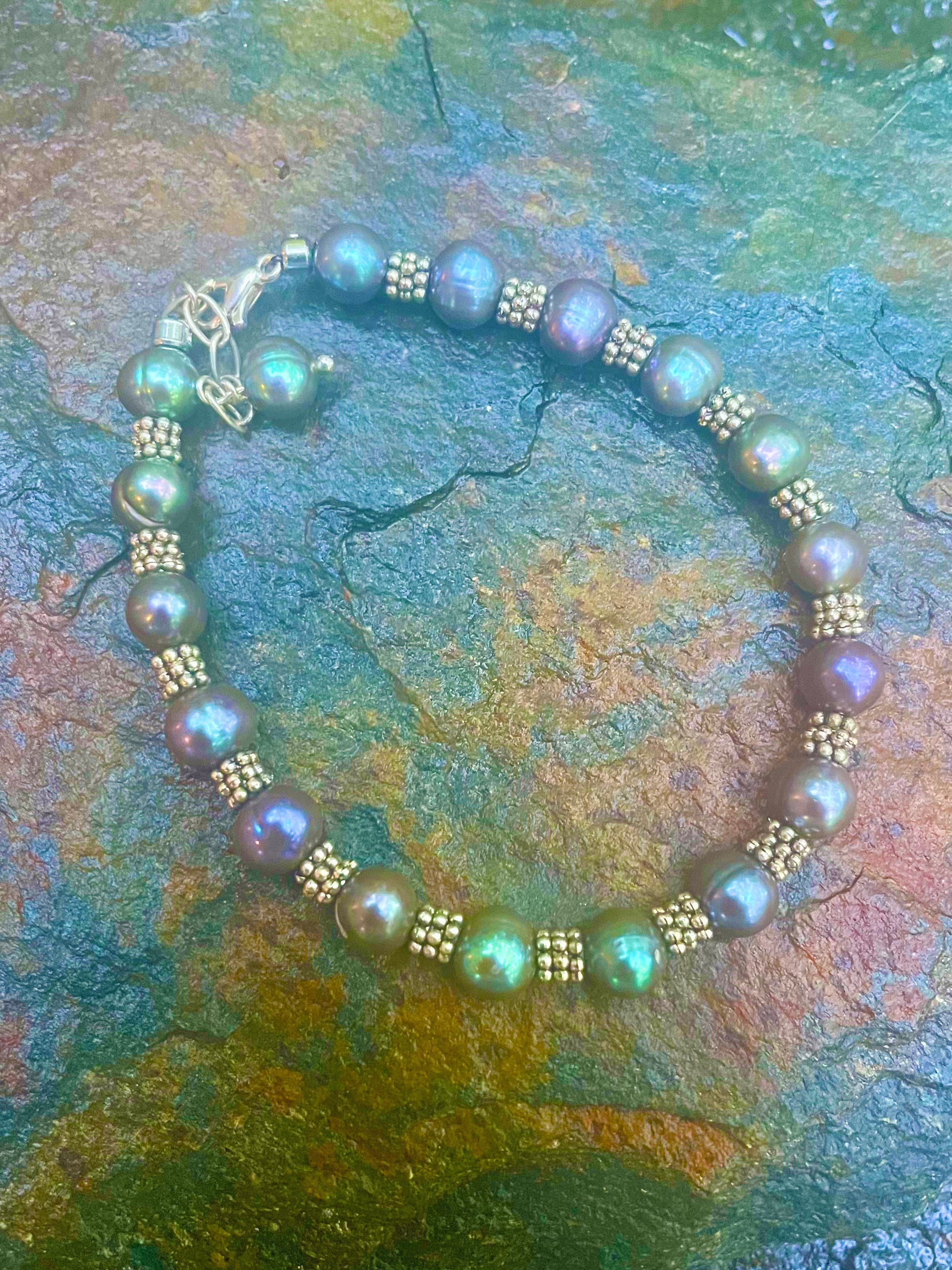 Chunky Freshwater Peacock Pearls and Silver Flower Disk Bracelet