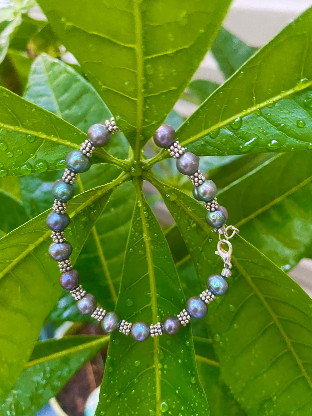Chunky Freshwater Peacock Pearls and Silver Flower Disk Bracelet