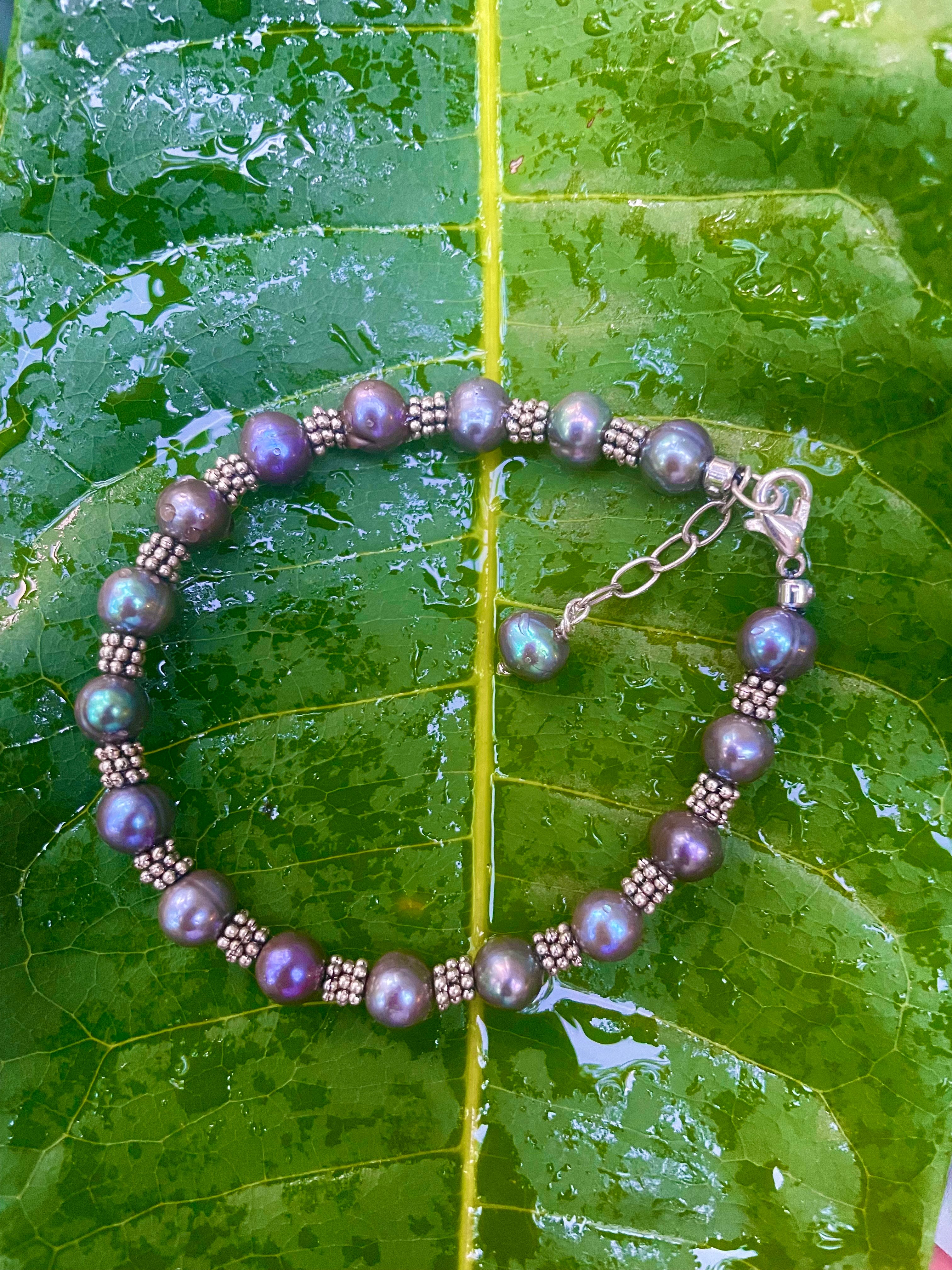 Chunky Freshwater Peacock Pearls and Silver Flower Disk Bracelet