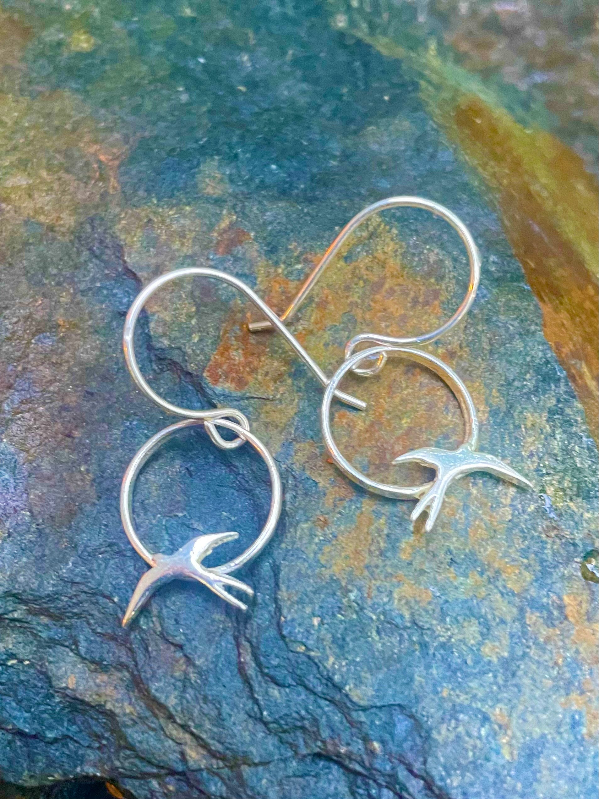 Sterling Silver Bird on Hoop Earrings