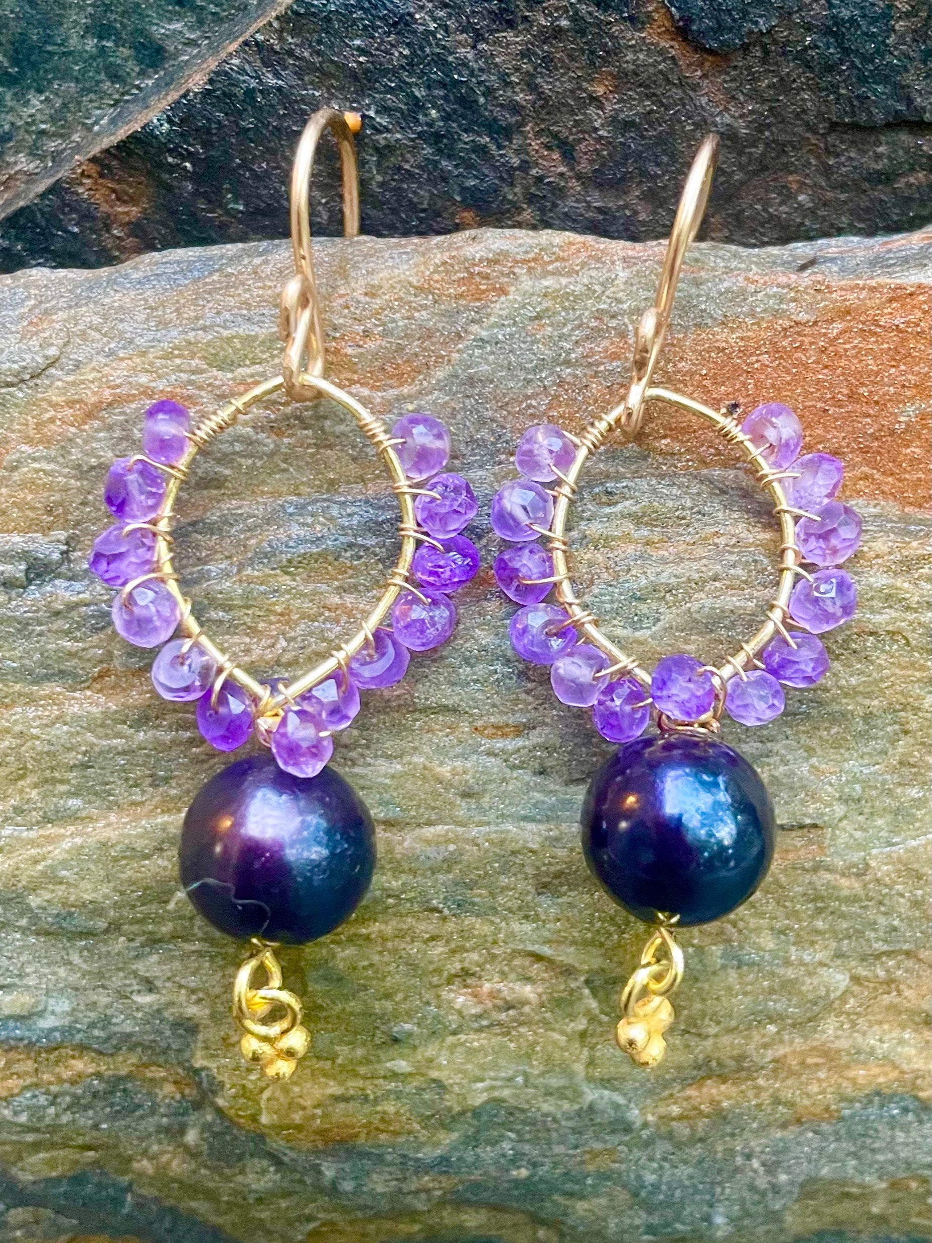 Wrapped Amethyst and Black Pearl Earrings