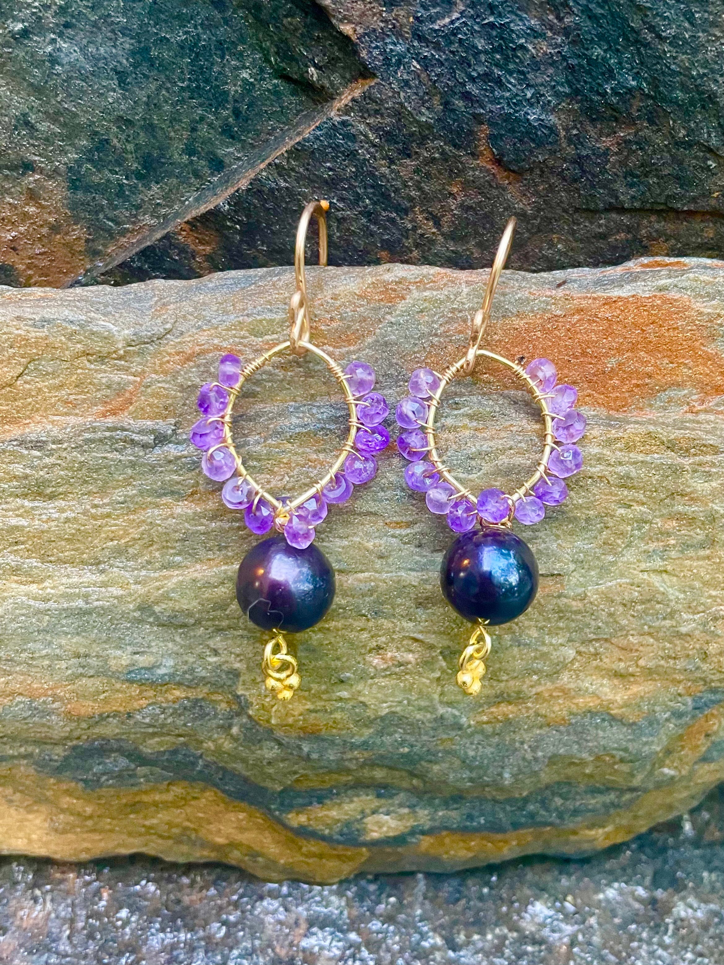 Wrapped Amethyst and Black Pearl Earrings
