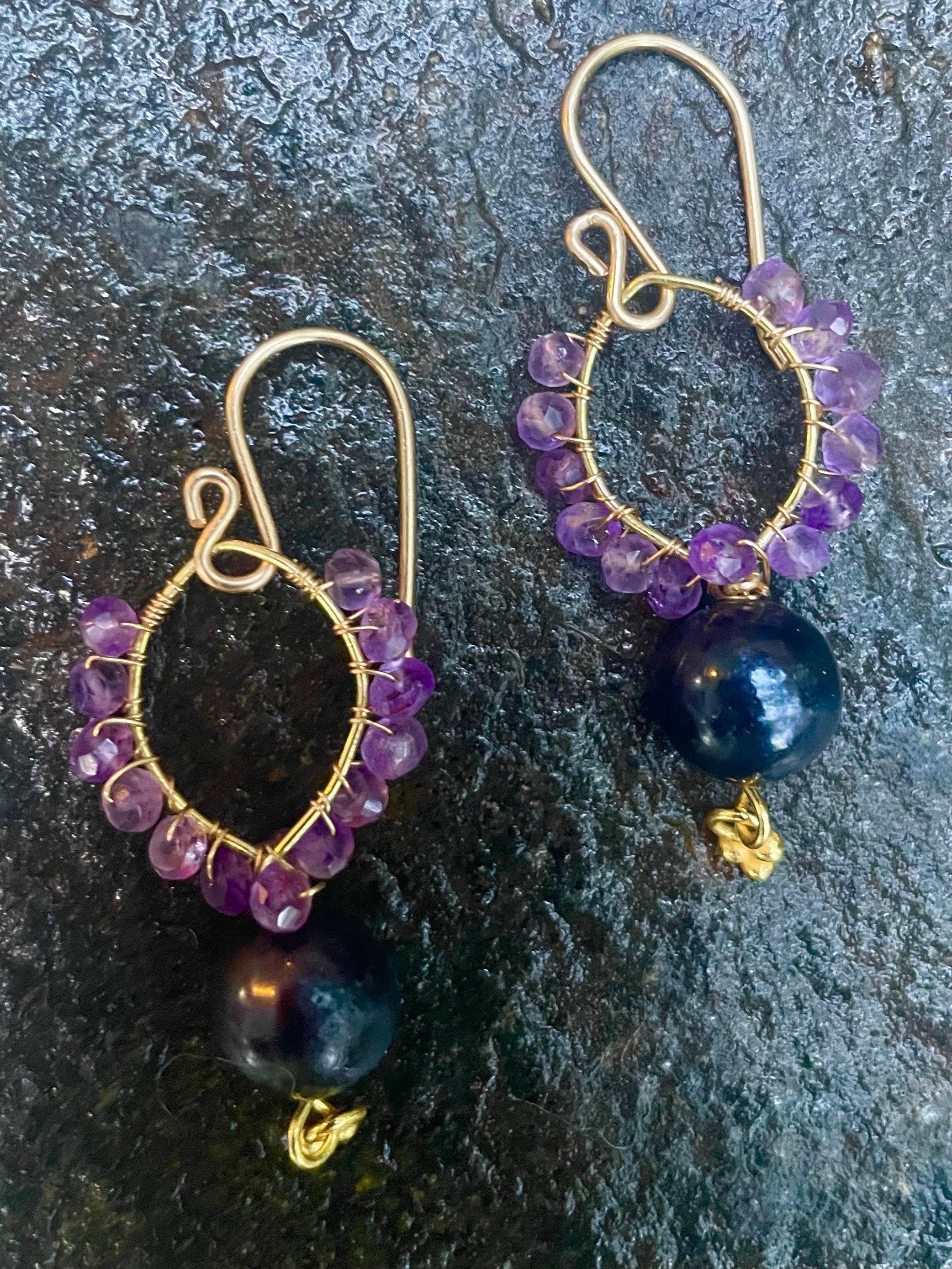 Wrapped Amethyst and Black Pearl Earrings