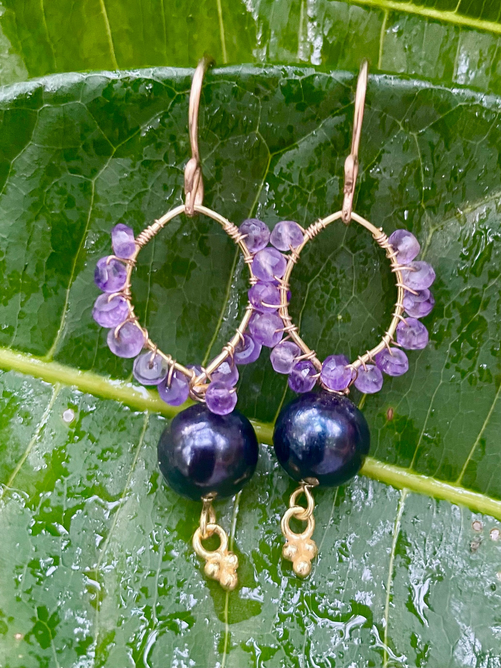 Wrapped Amethyst and Black Pearl Earrings