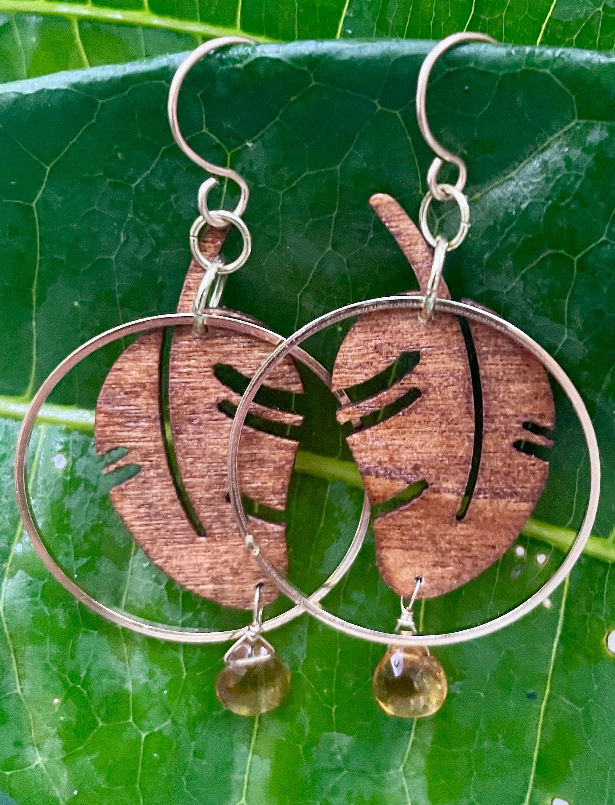 Natural Wood and Citrine Earrings