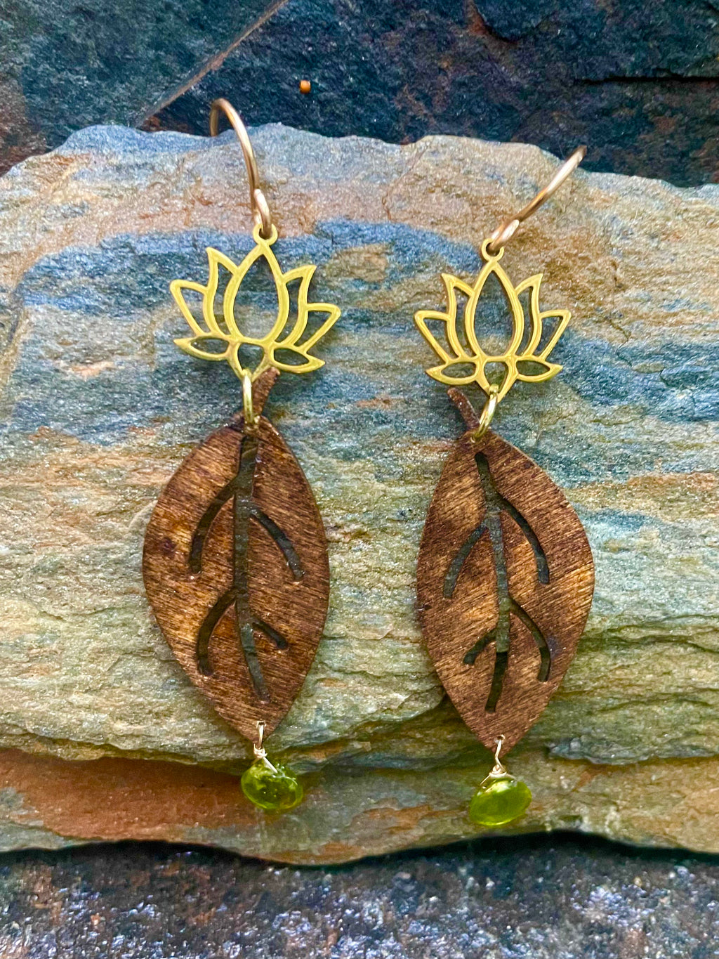 Gold Lotus Flower with Wood and Peridot Earrings