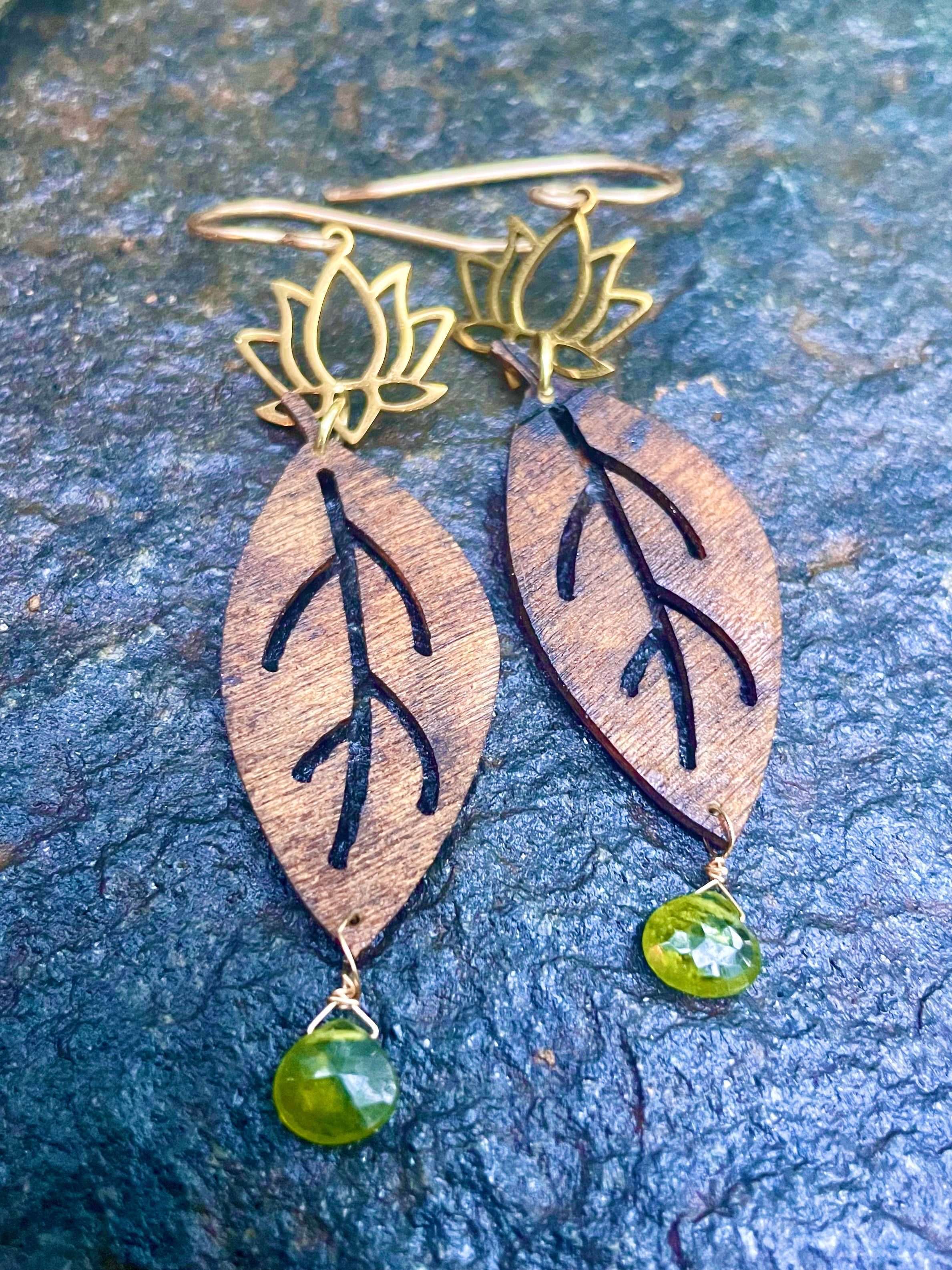 Gold Lotus Flower with Wood and Peridot Earrings