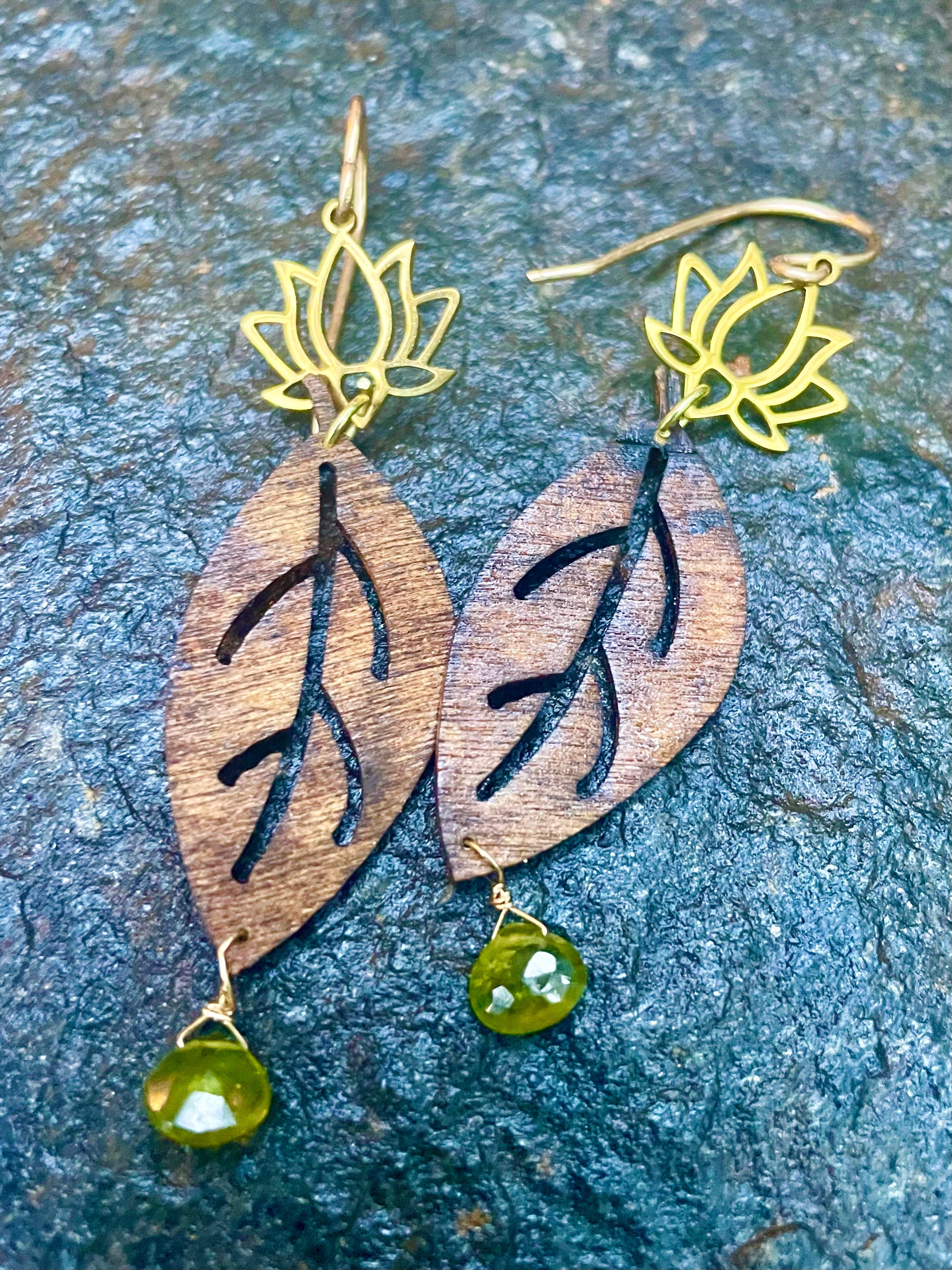 Gold Lotus Flower with Wood and Peridot Earrings