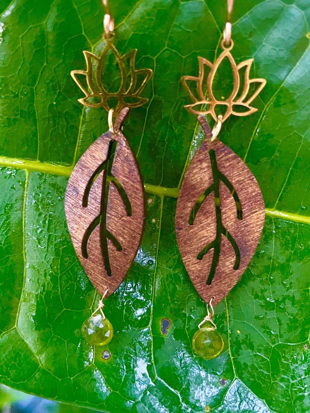 Gold Lotus Flower with Wood and Peridot Earrings