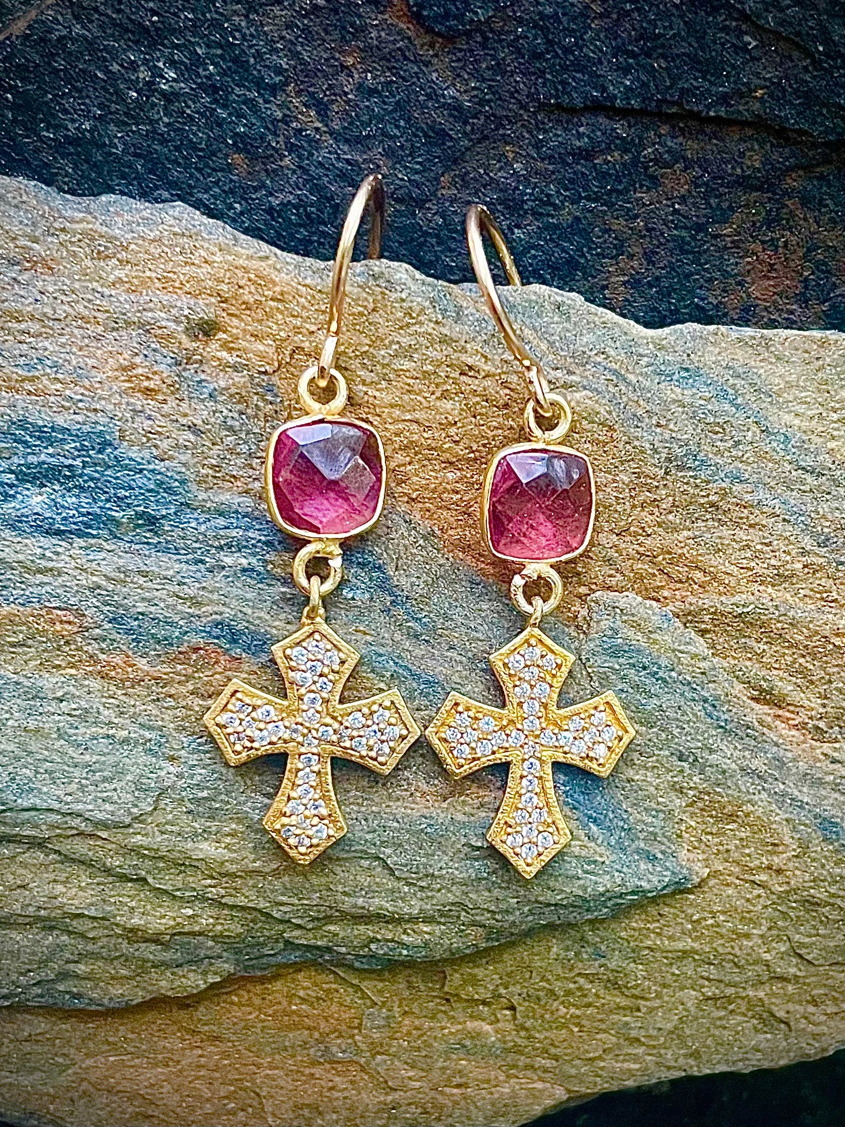 Gold Cross and Pink Quartz Earrings