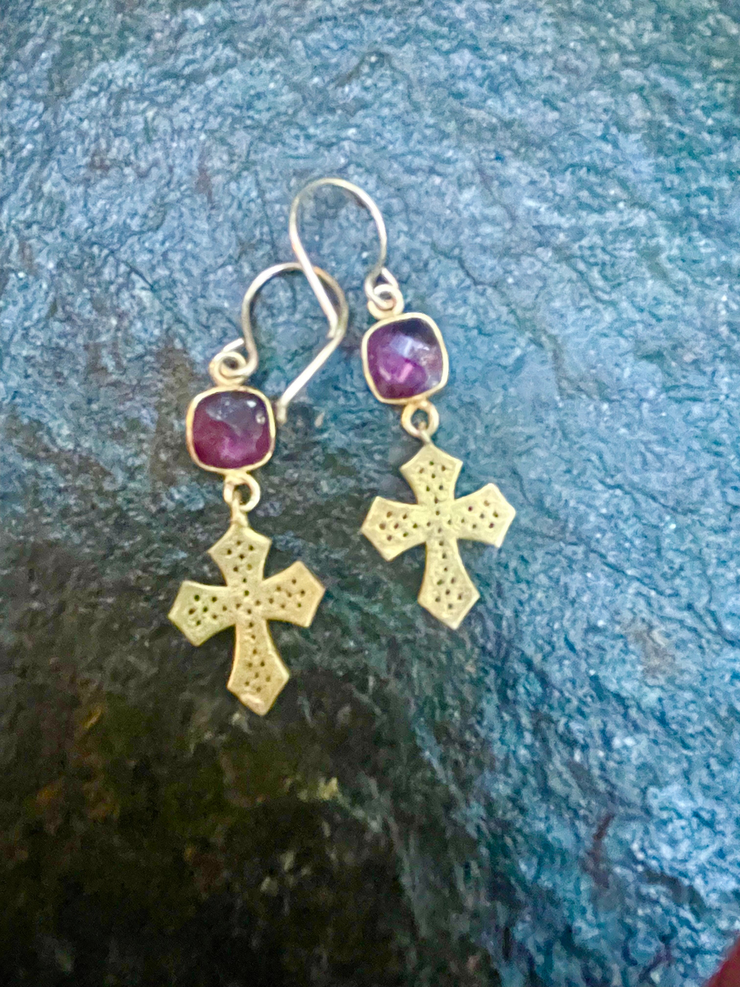 Gold Cross and Pink Quartz Earrings