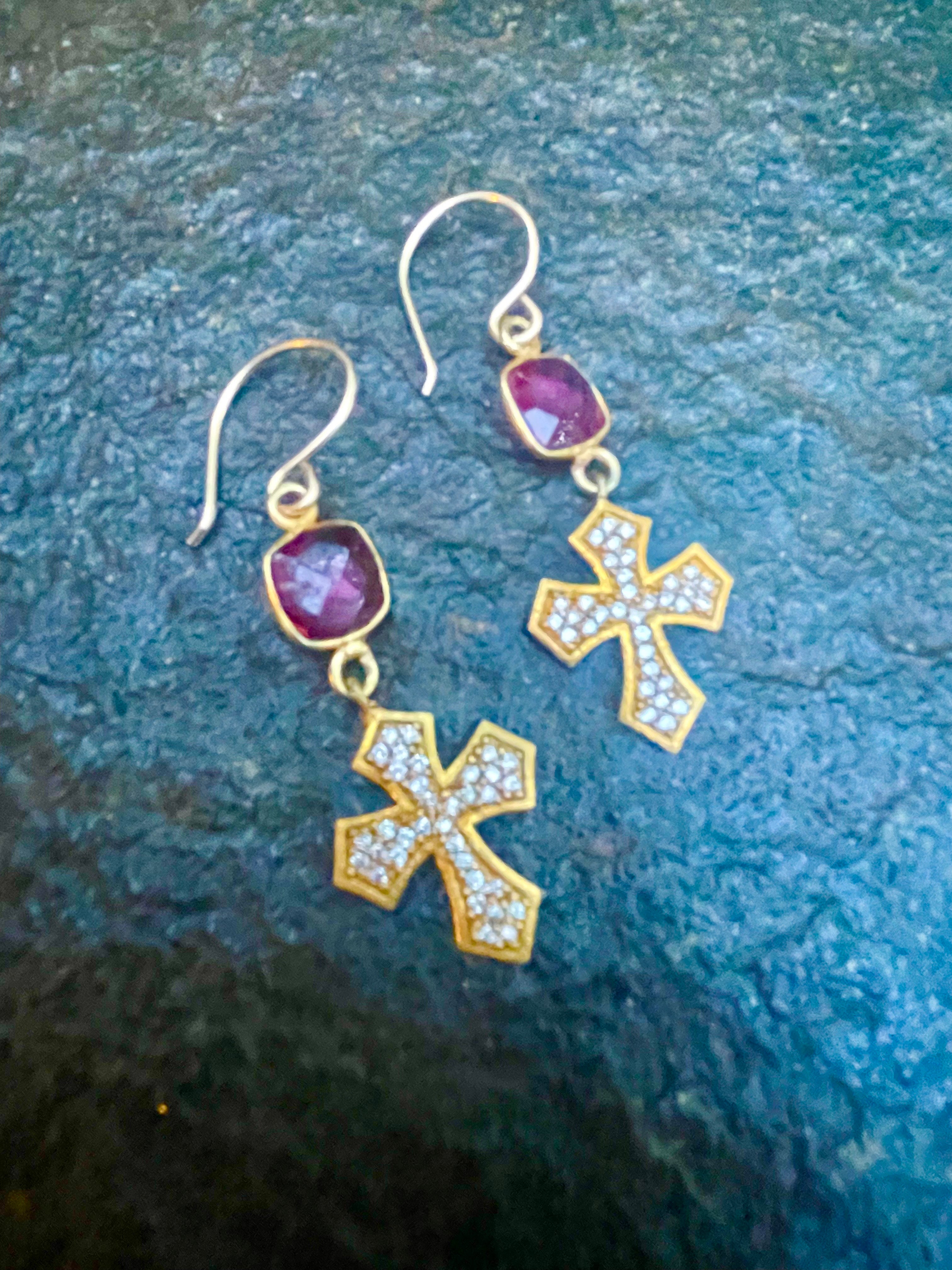 Gold Cross and Pink Quartz Earrings