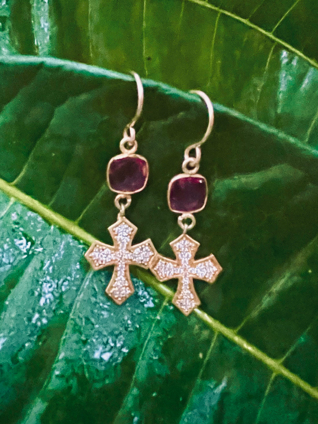 Gold Cross and Pink Quartz Earrings