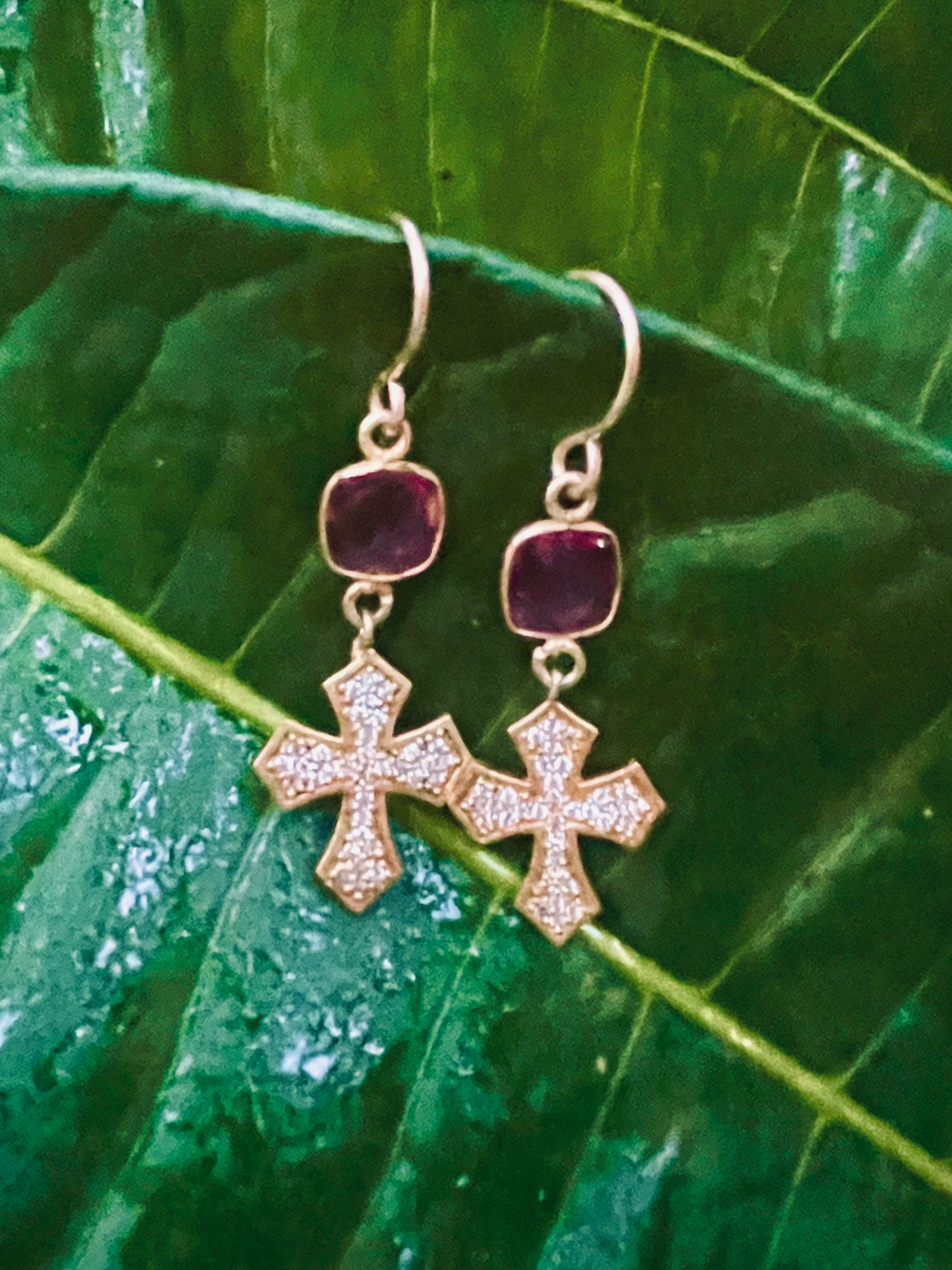 Gold Cross and Pink Quartz Earrings