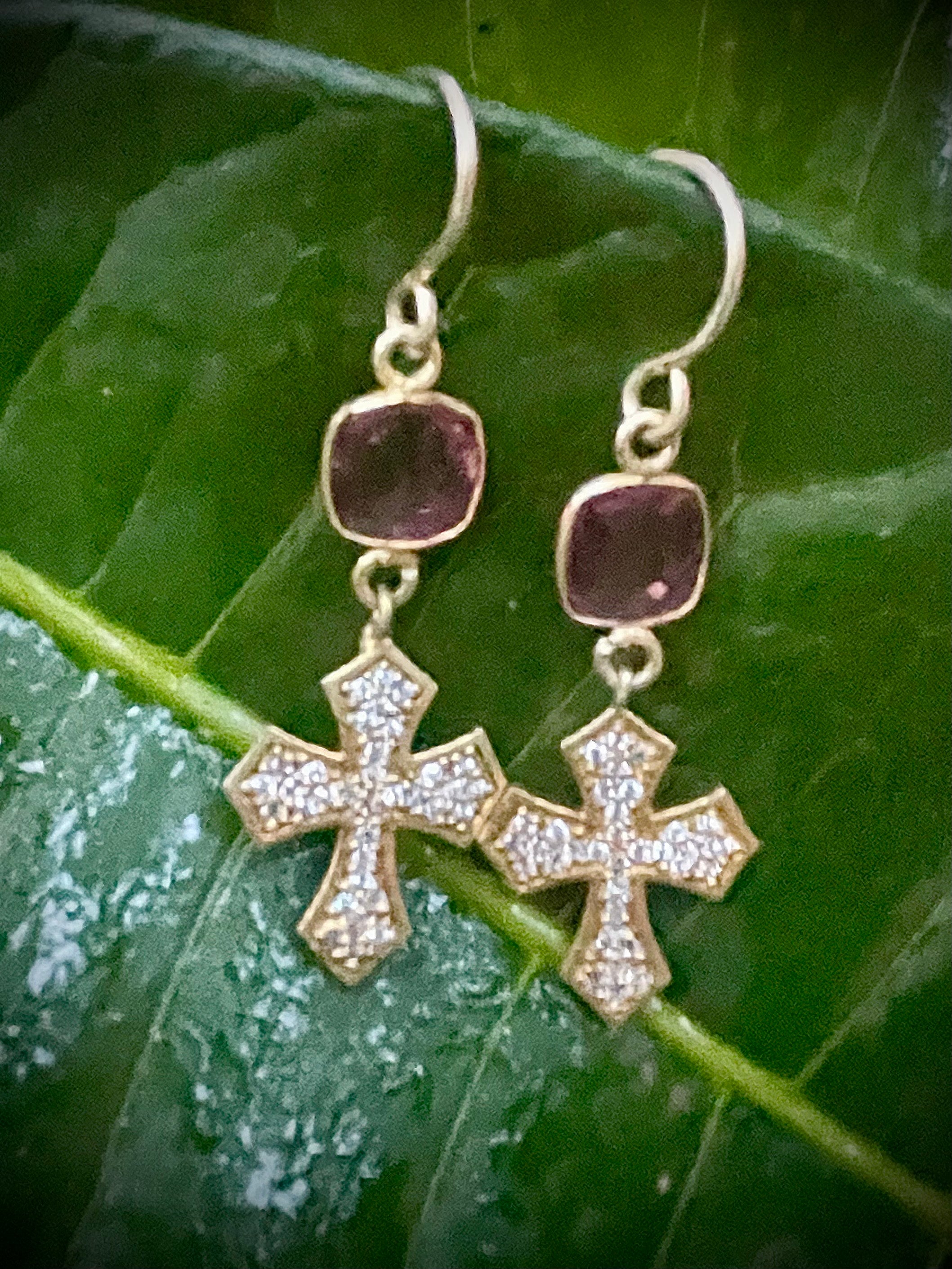 Gold Cross and Pink Quartz Earrings