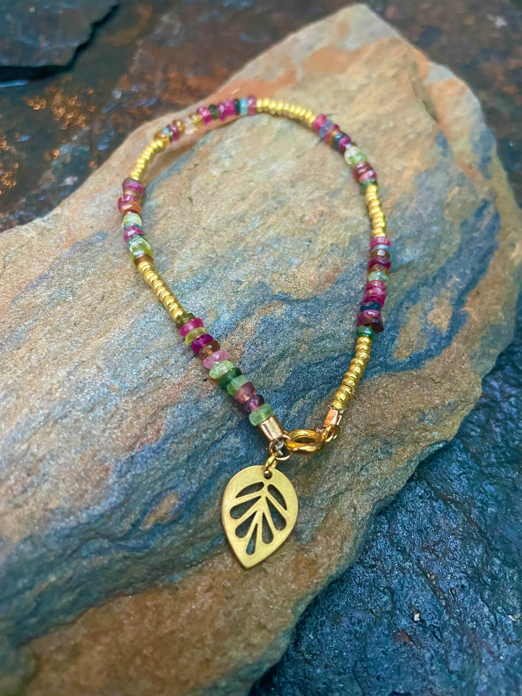 Tourmaline and Brass Leaf Bracelet