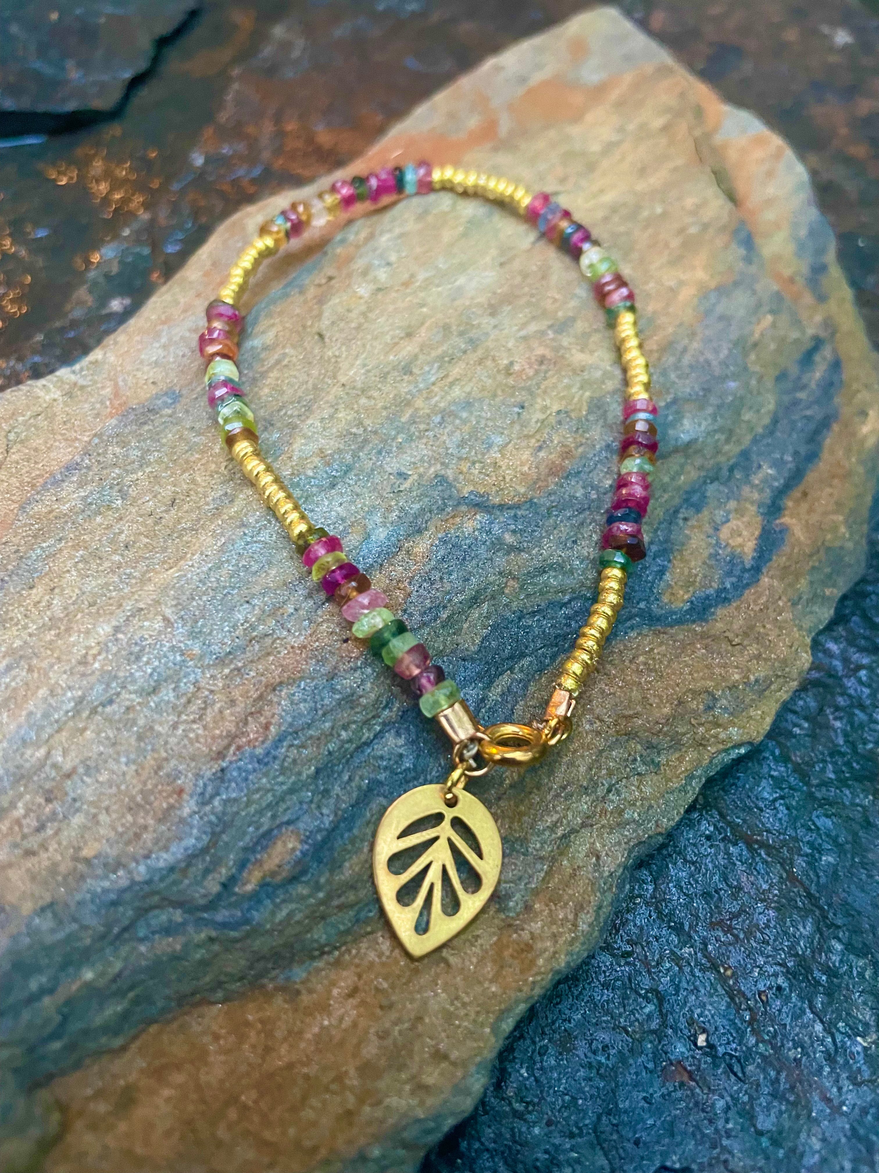 Tourmaline and Brass Leaf Bracelet