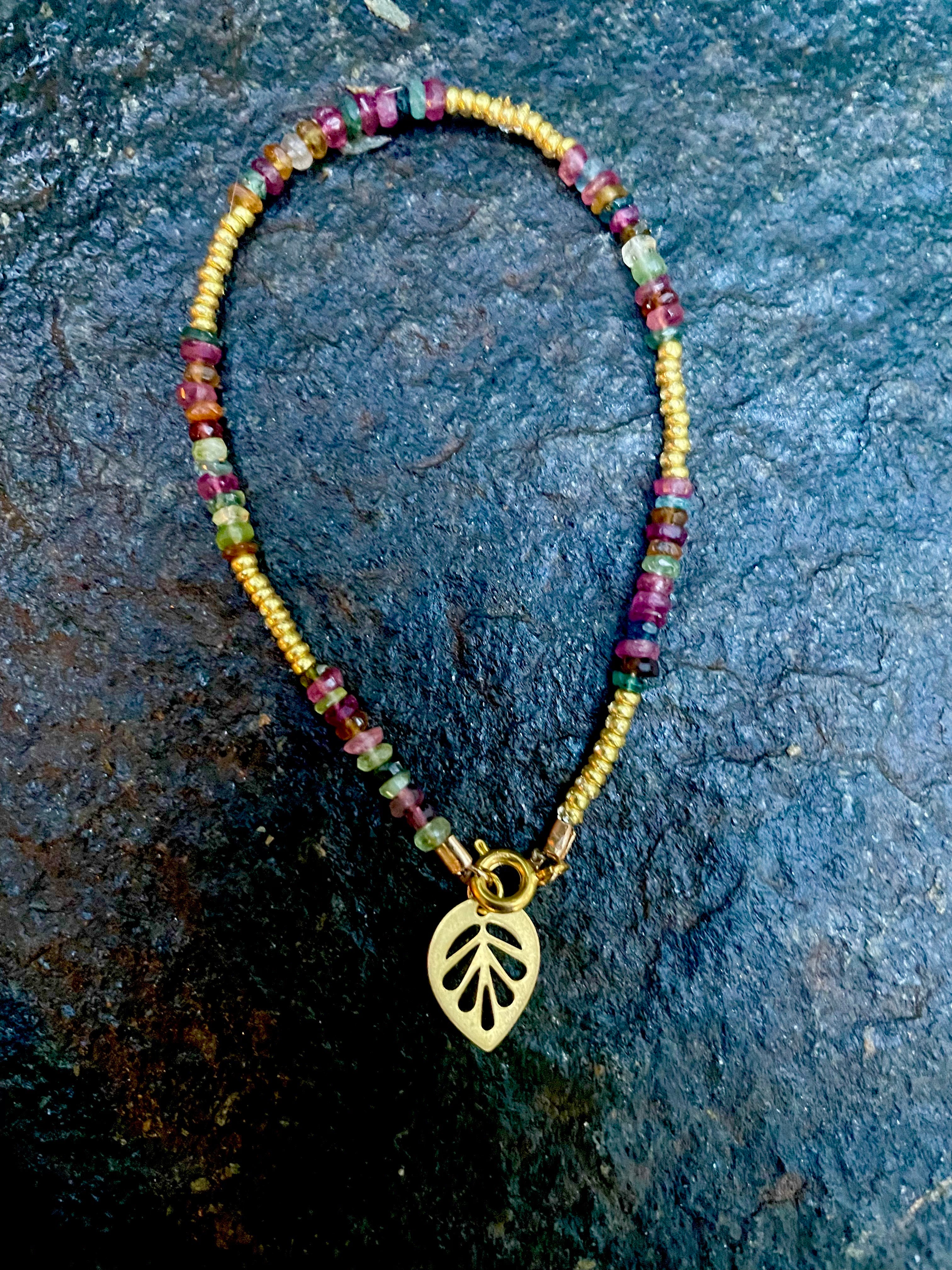 Tourmaline and Brass Leaf Bracelet