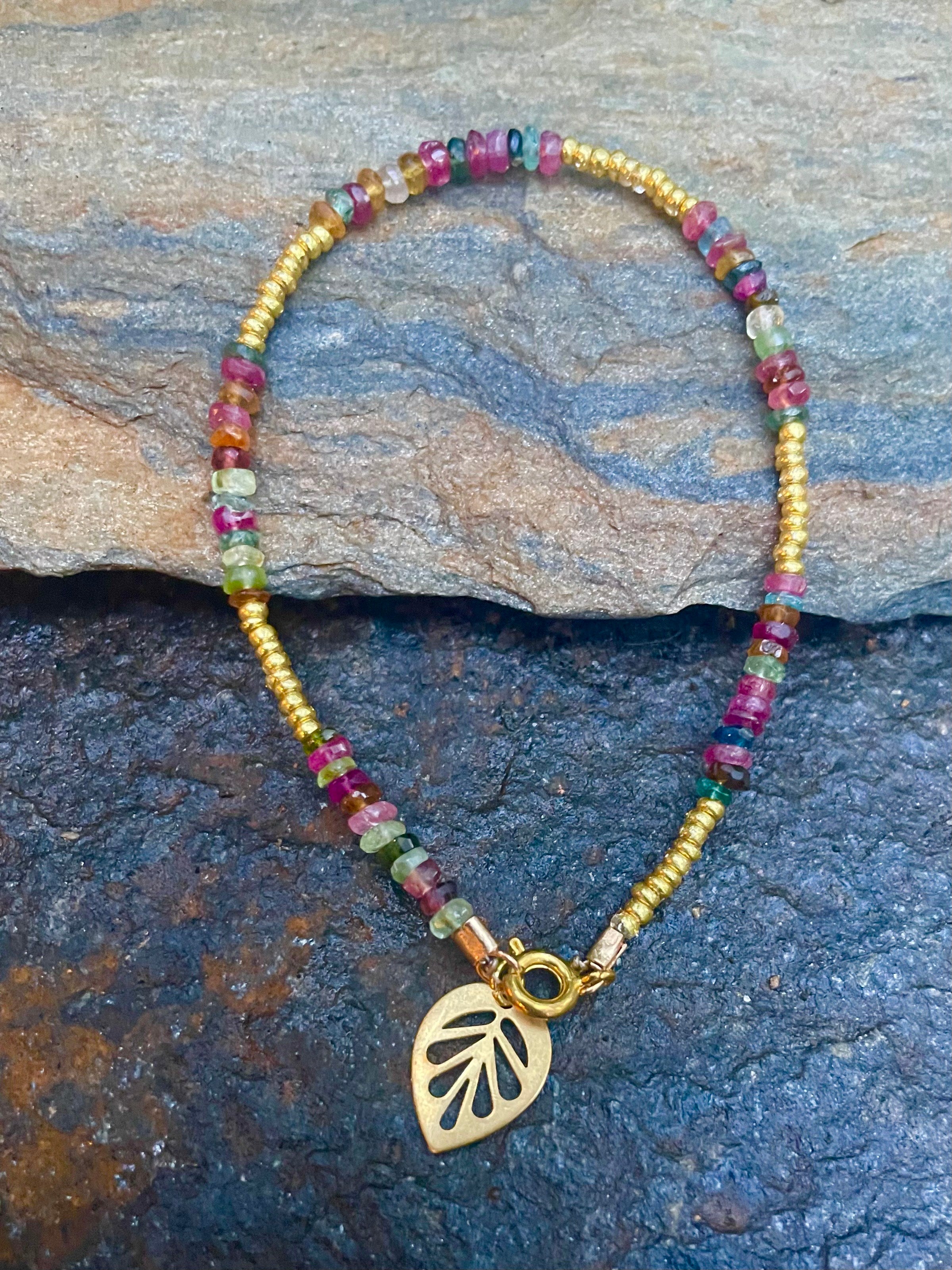 Tourmaline and Brass Leaf Bracelet