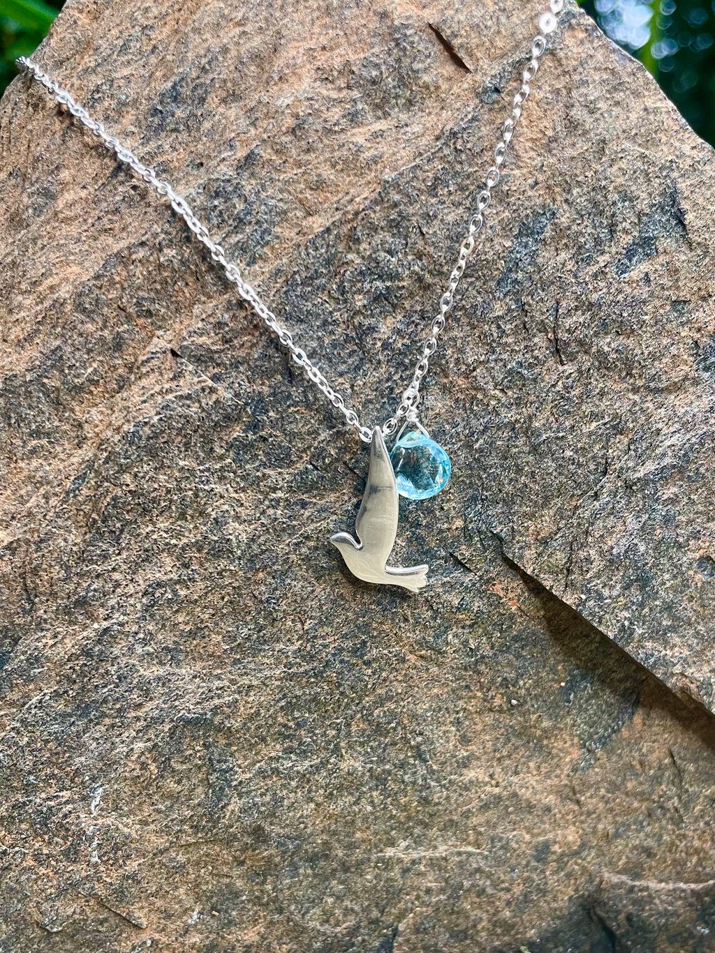 Delicate Sterling Silver Bird and Blue Necklace