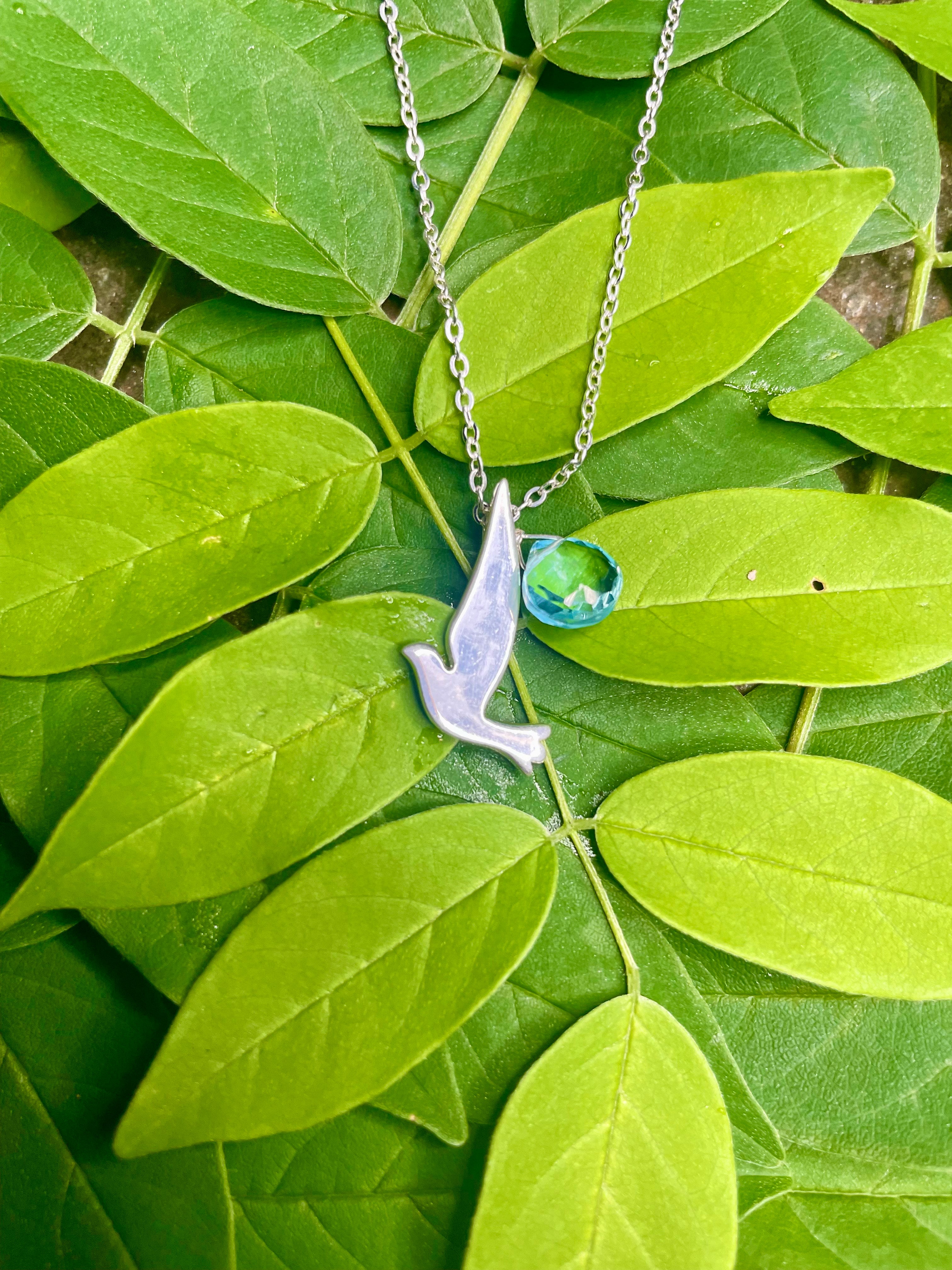 Delicate Sterling Silver Bird and Blue Necklace