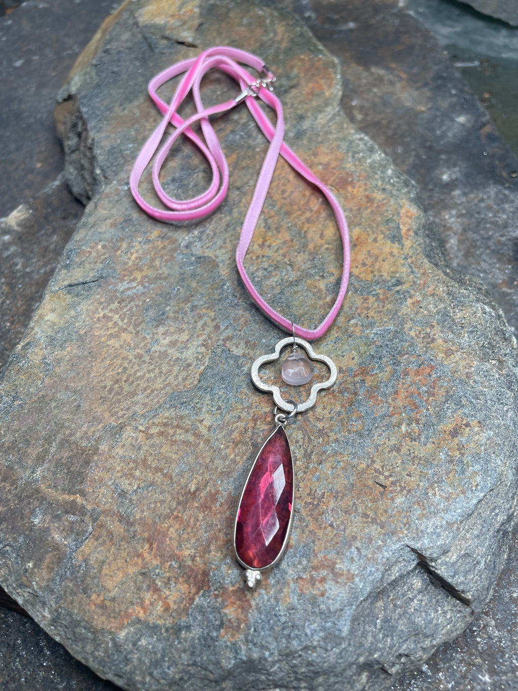 Pink Briolette with Quatrefoil Necklace