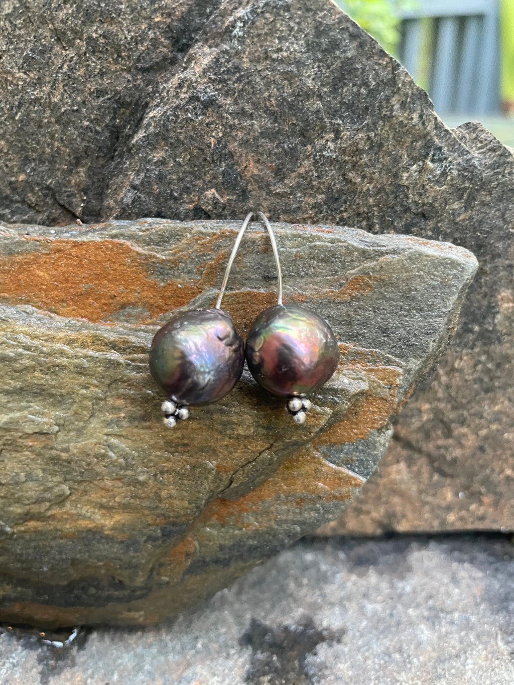 Large Iridescent Pearl Earrings on Silver