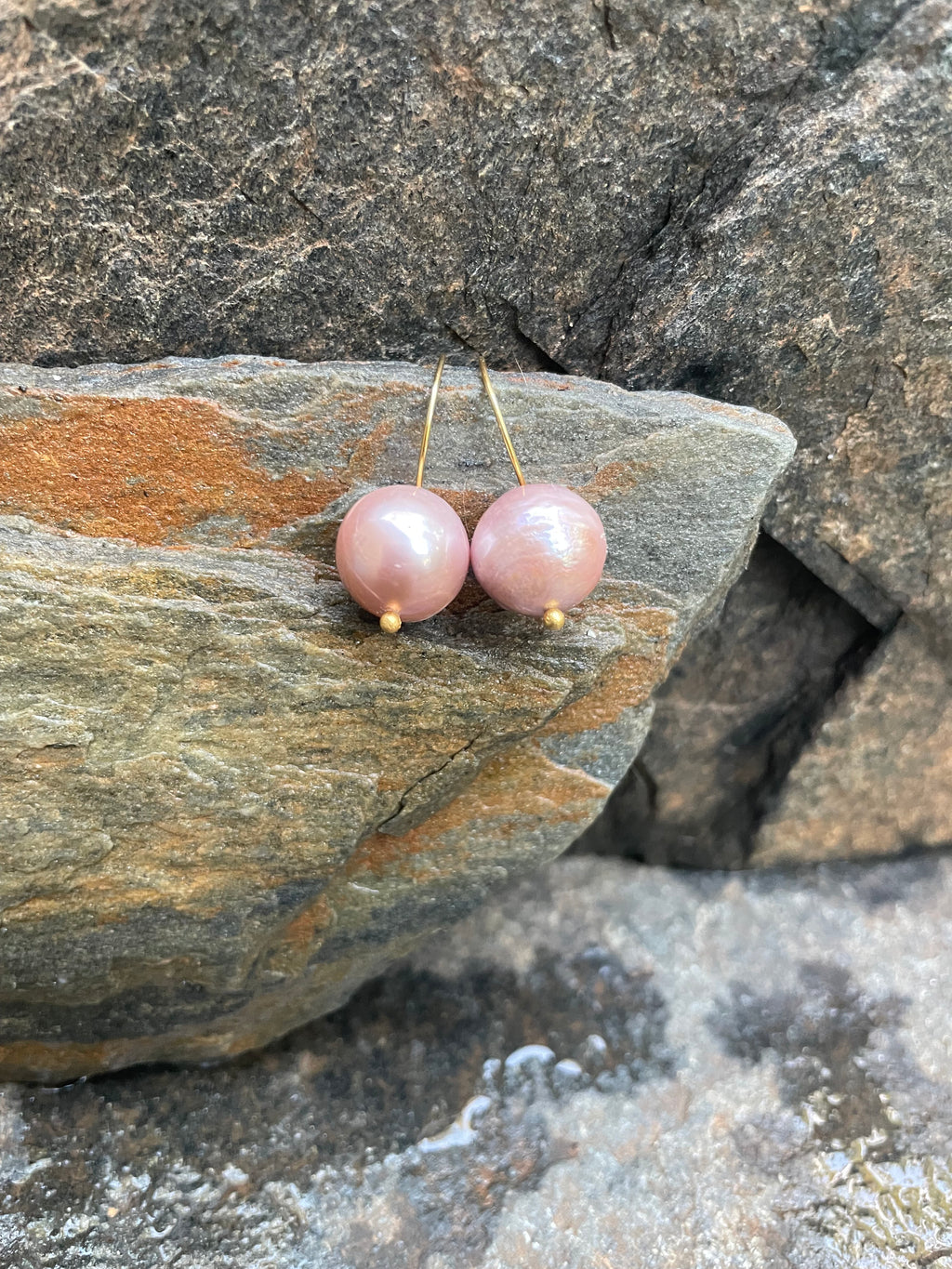 Pink Pearls on Gold Earrings