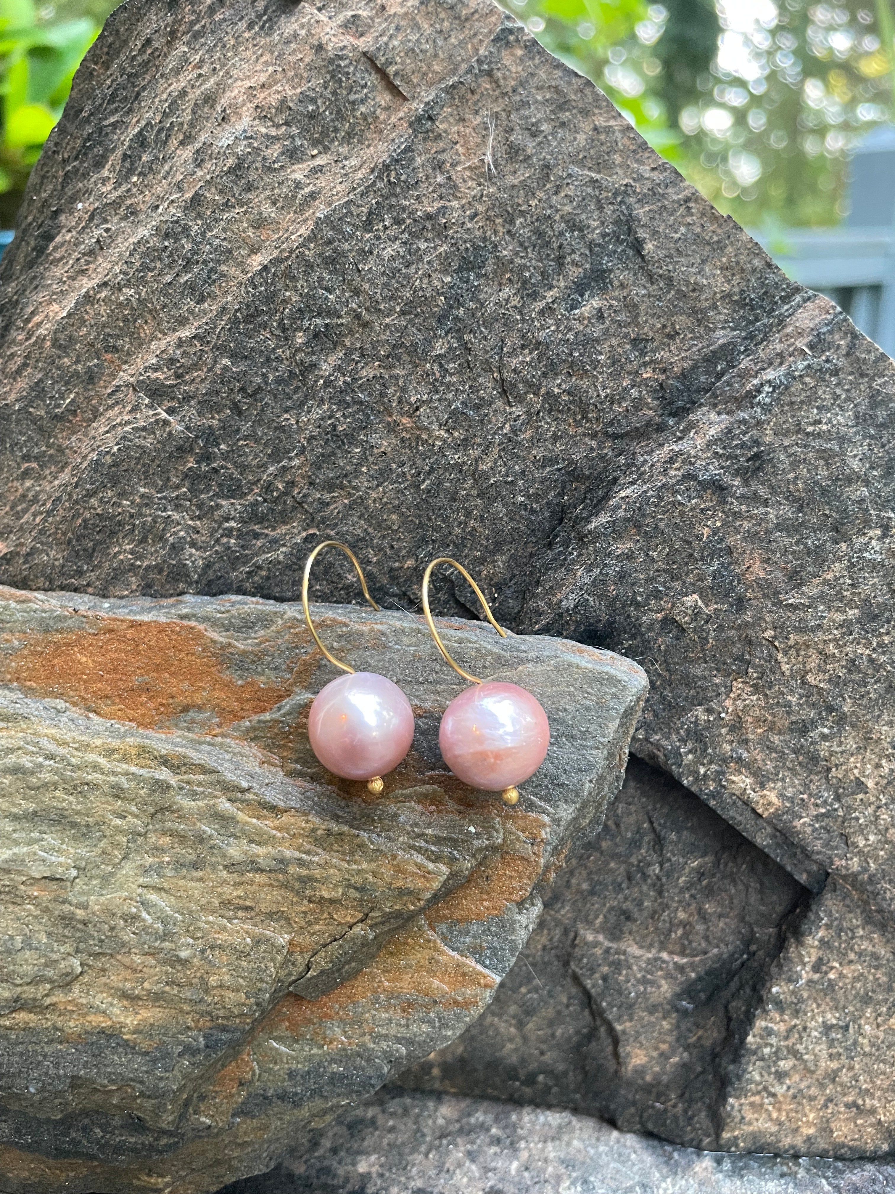 Pink Pearls on Gold Earrings