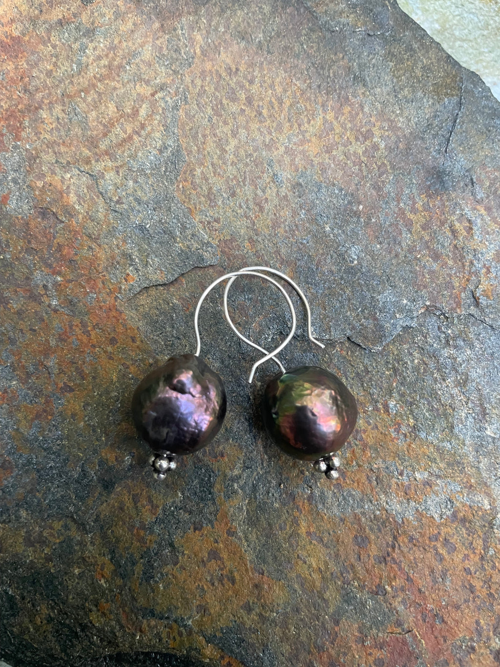 Large Iridescent Pearl Earrings on Silver