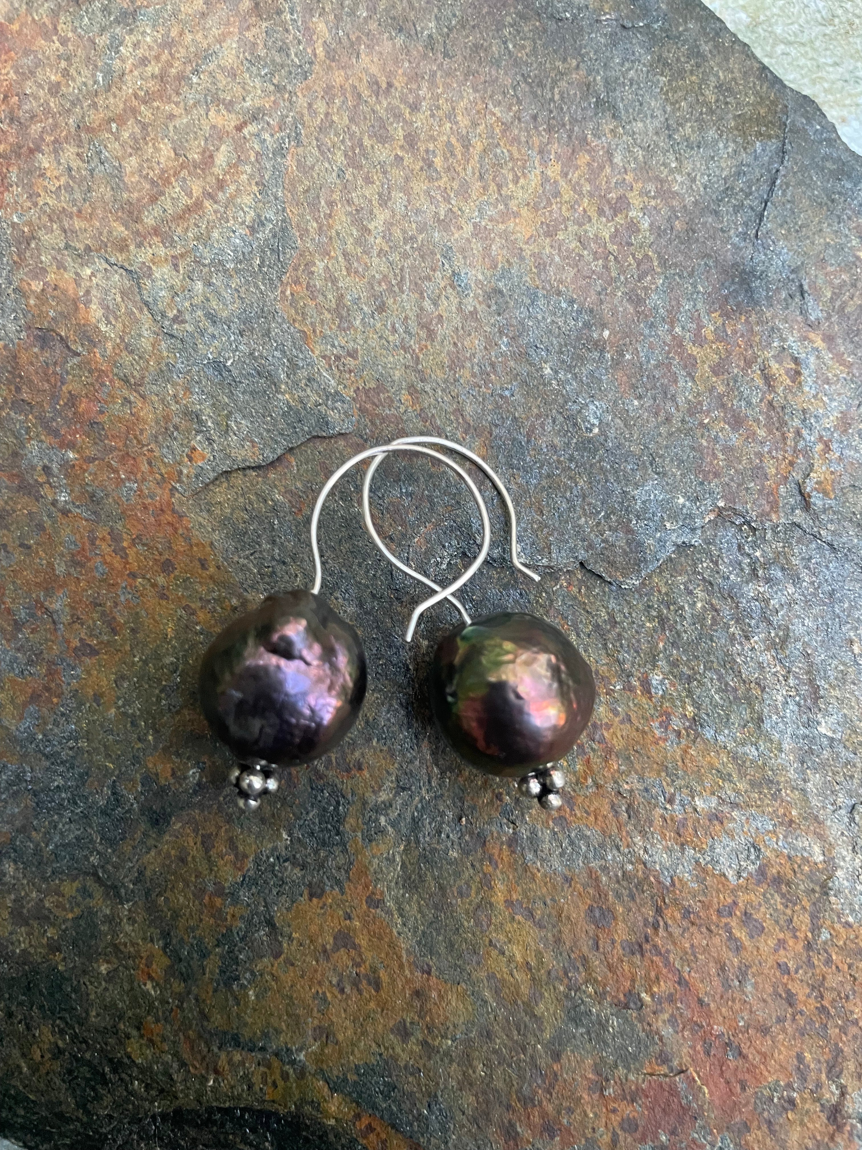 Large Iridescent Pearl Earrings on Silver