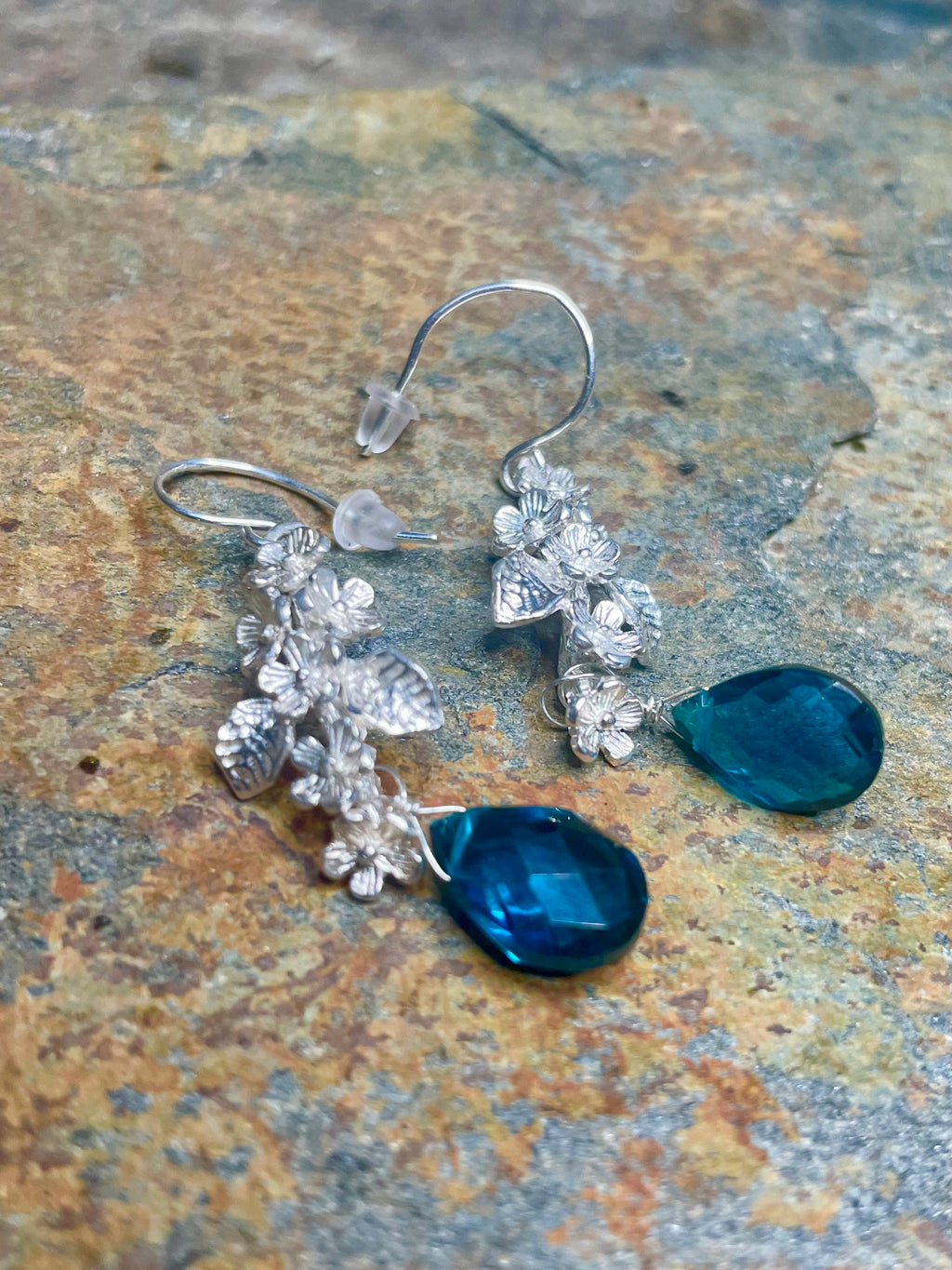 Silver Floral and Peacock Quartz Earrings