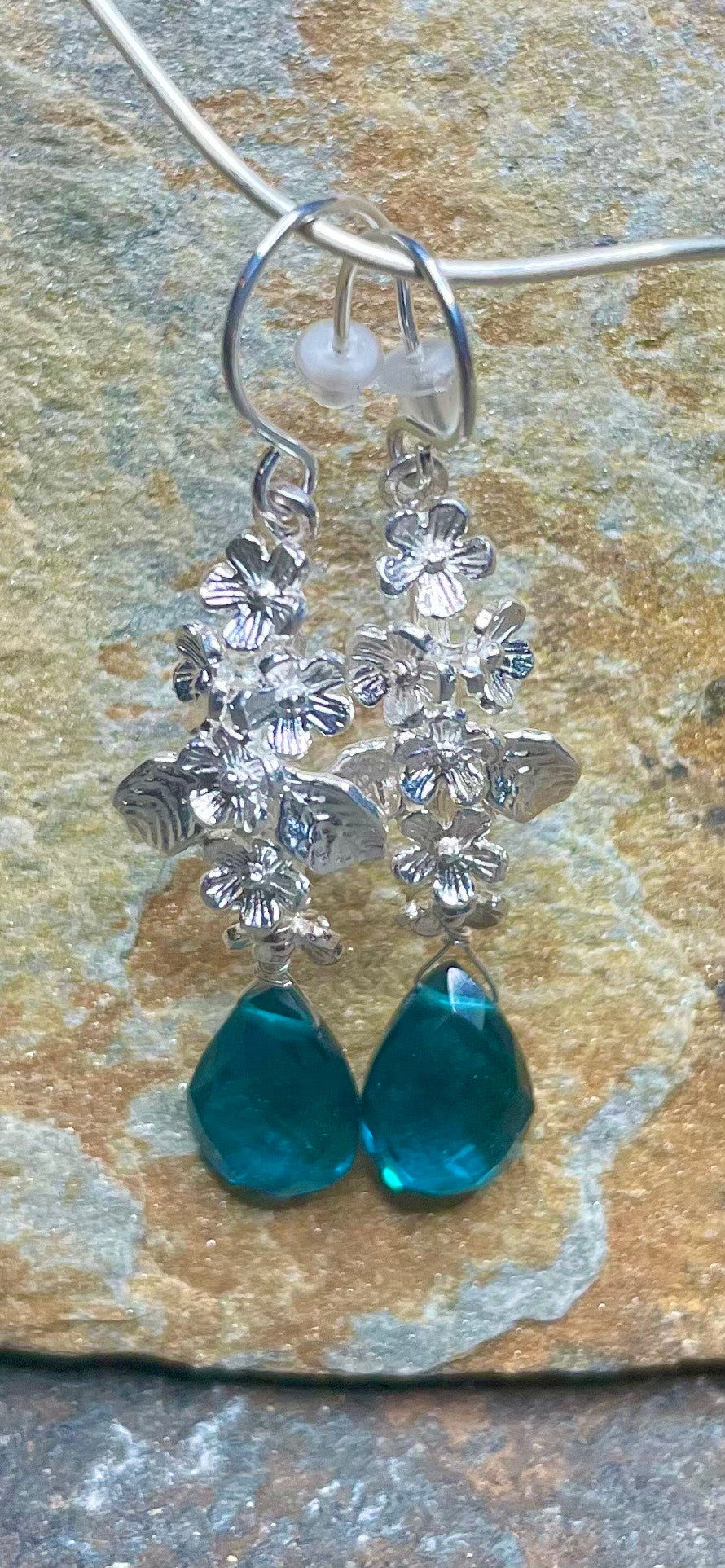 Silver Floral and Peacock Quartz Earrings