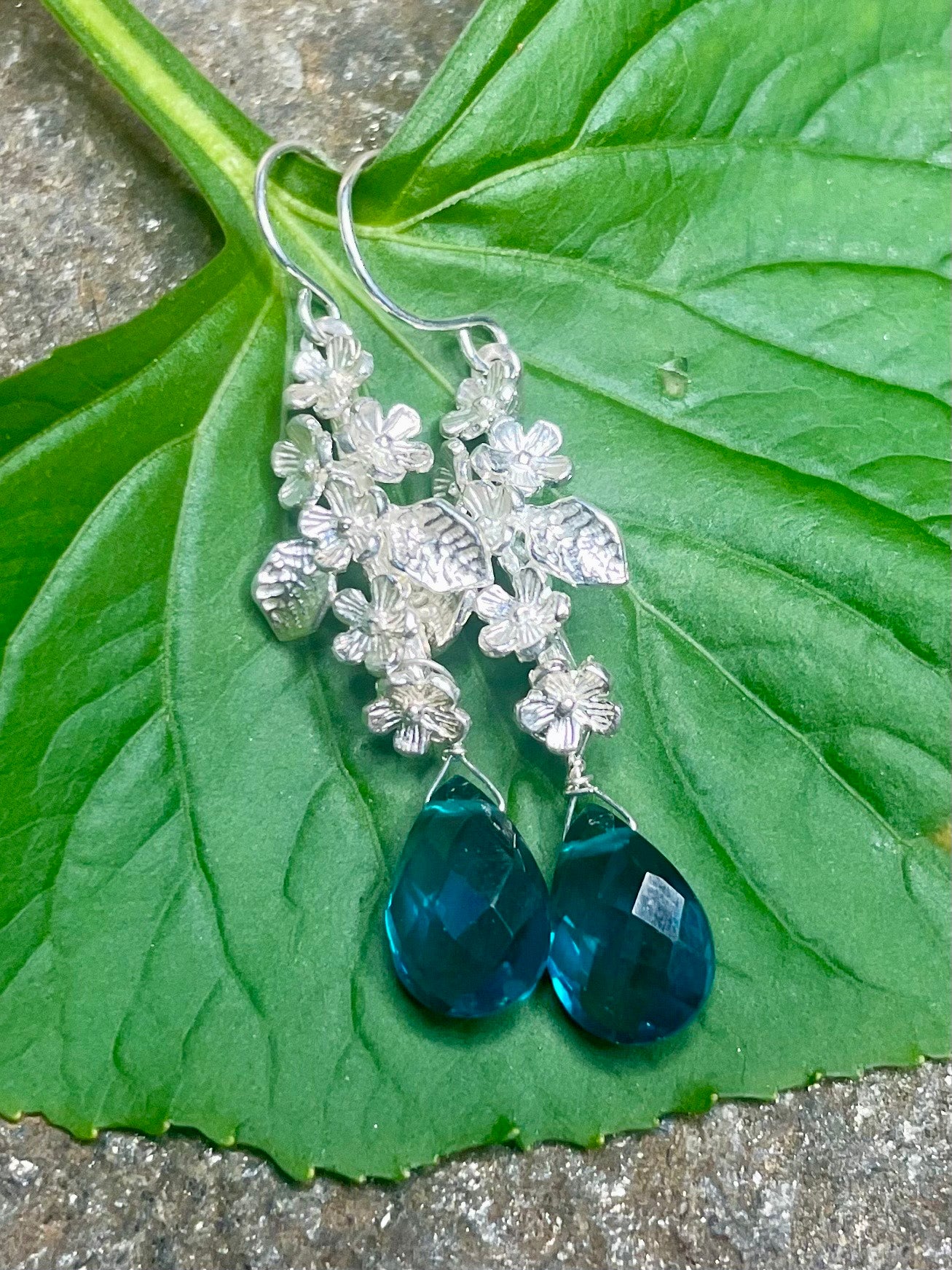 Silver Floral and Peacock Quartz Earrings
