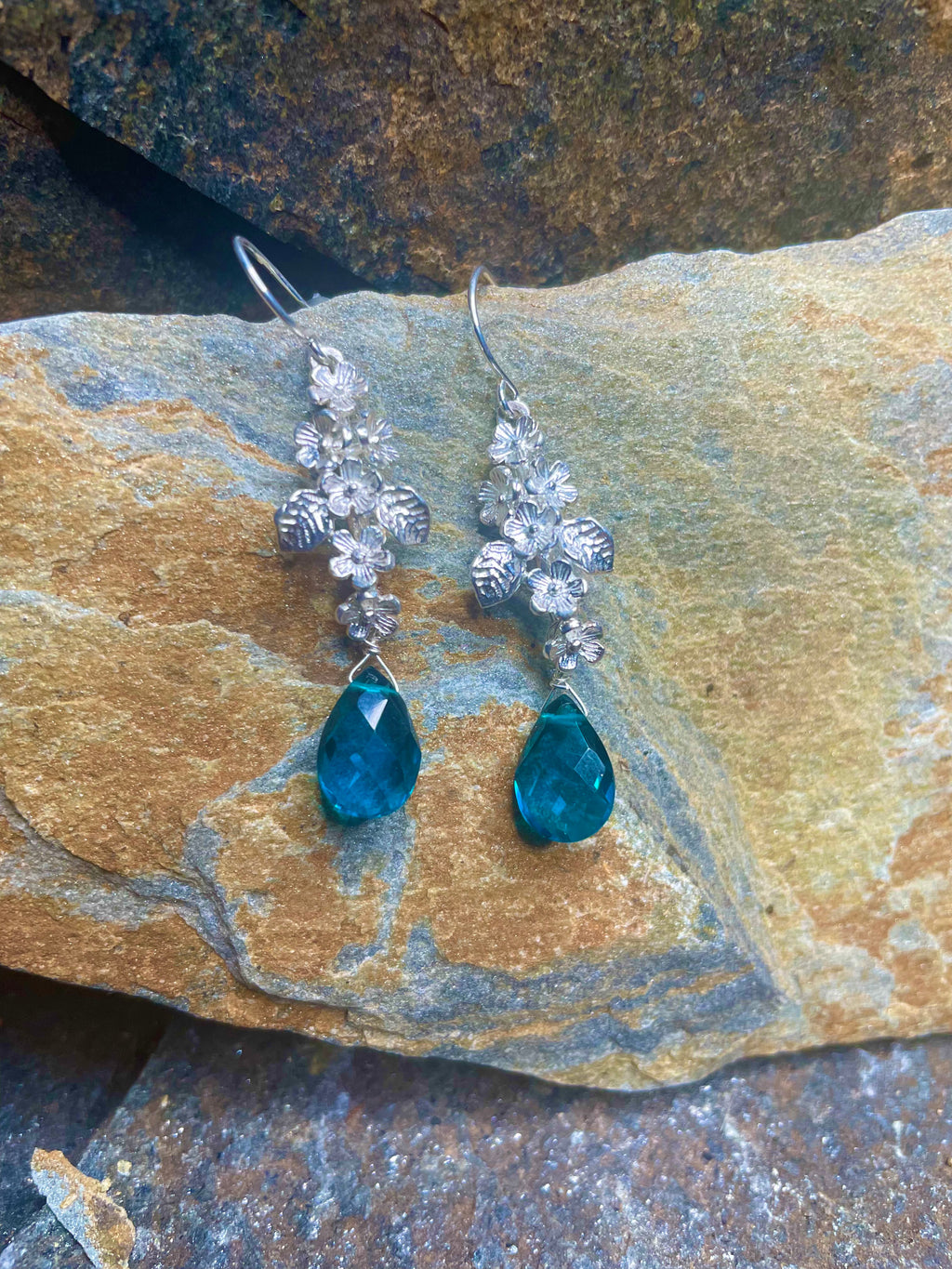 Silver Floral and Peacock Quartz Earrings