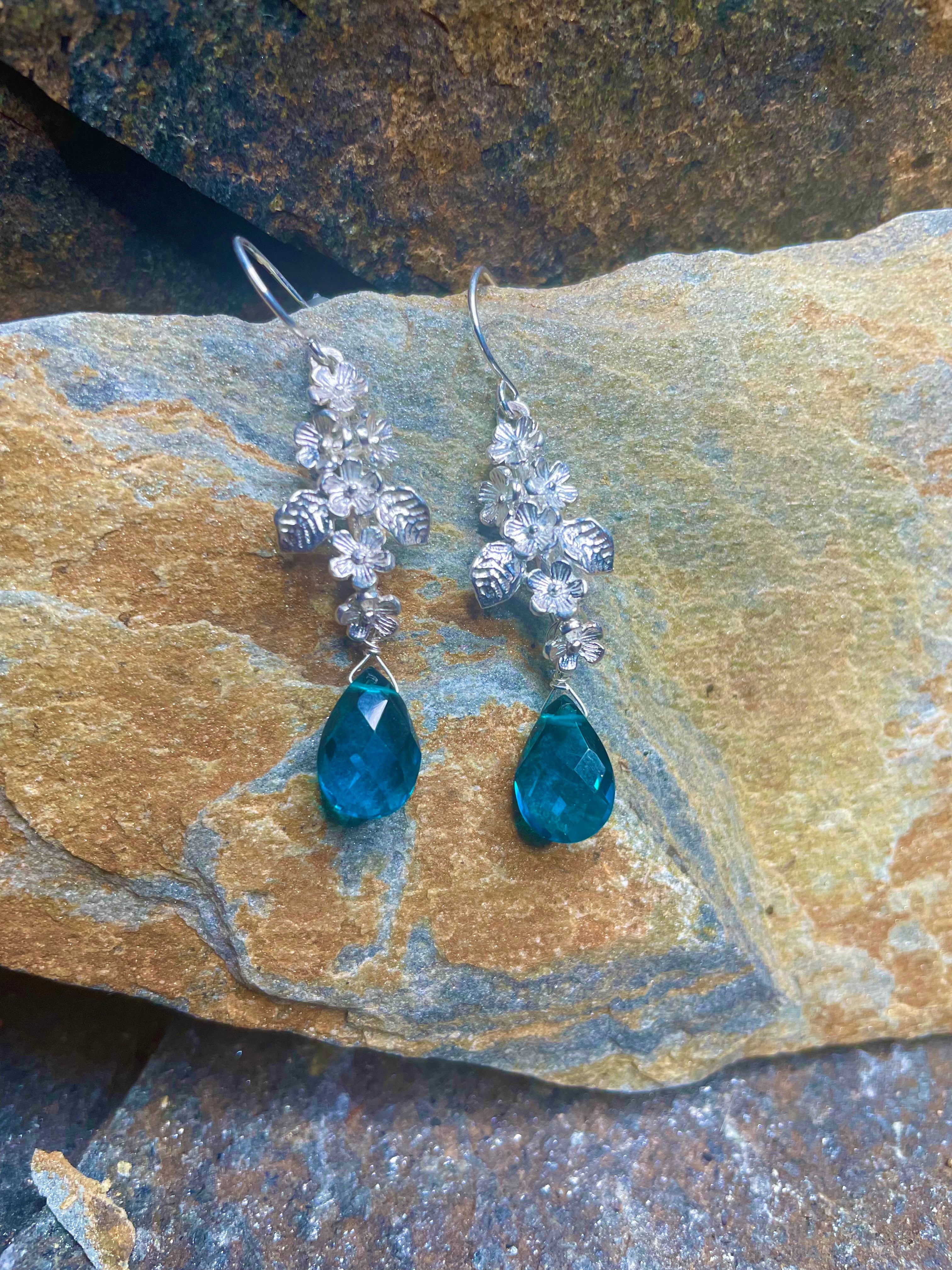 Silver Floral and Peacock Quartz Earrings