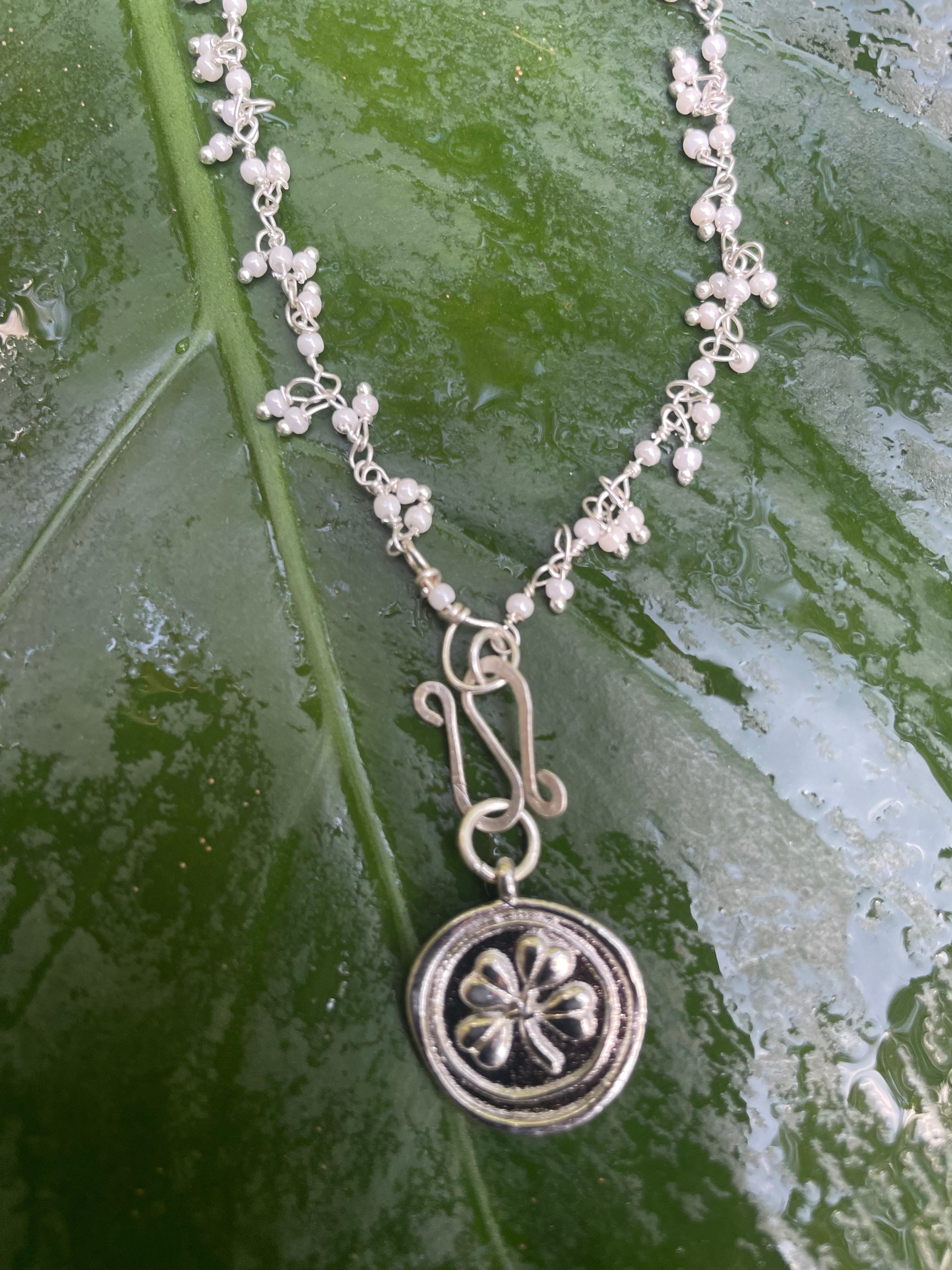 White Pearl Cluster and 4 Leaf Clover Necklace