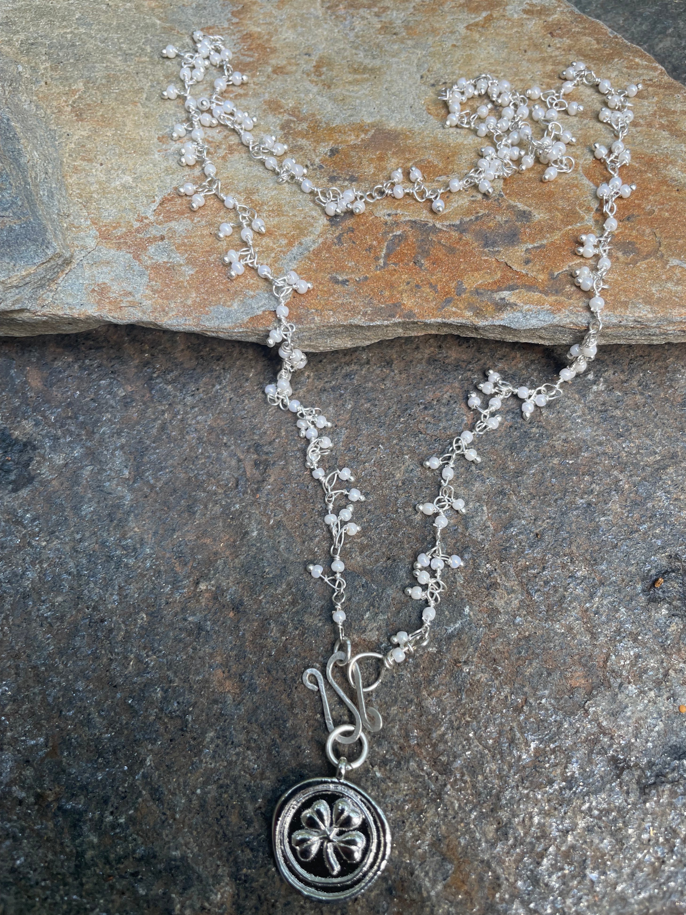 White Pearl Cluster and 4 Leaf Clover Necklace