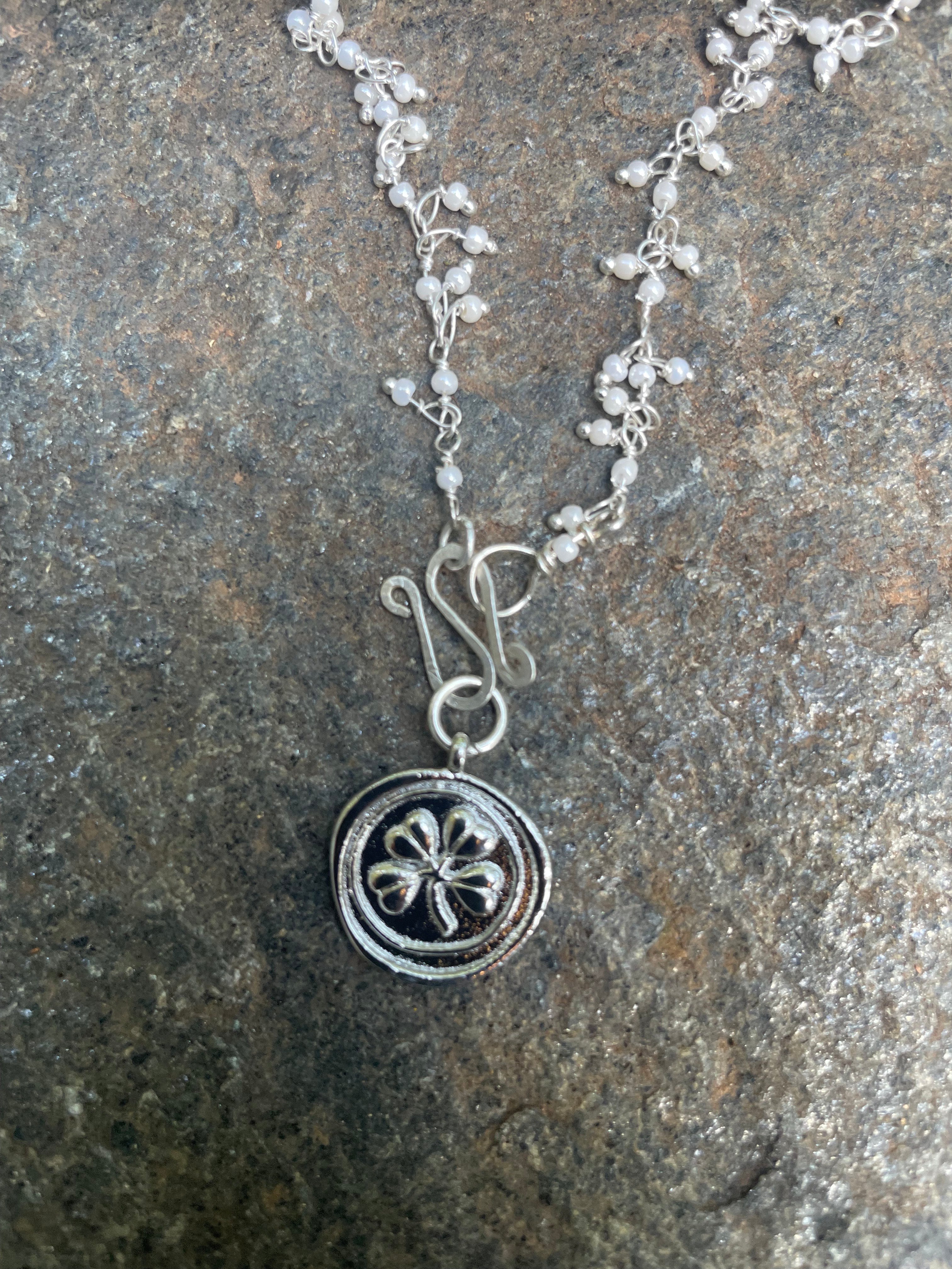 White Pearl Cluster and 4 Leaf Clover Necklace