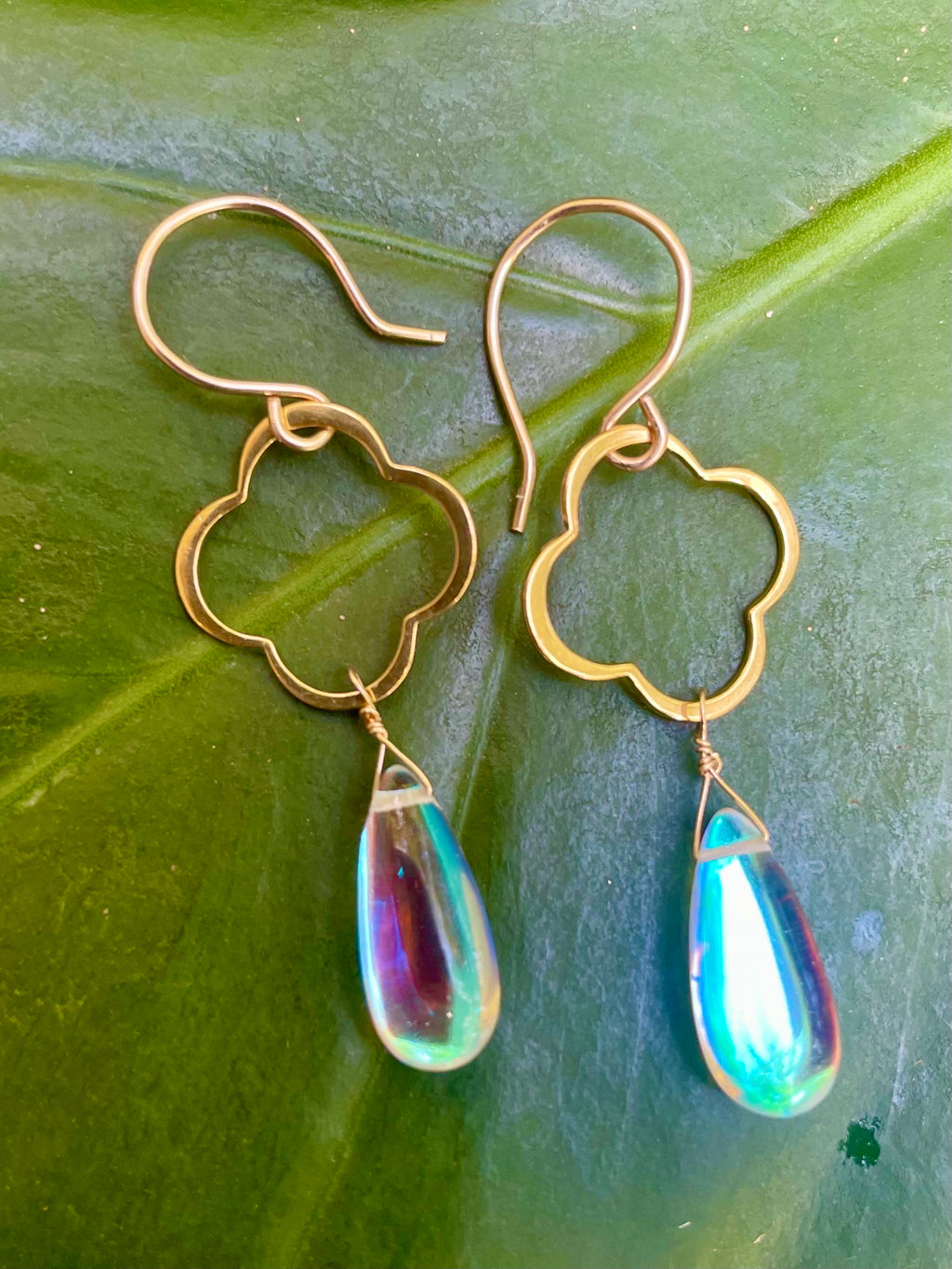 Gold Quatrefoil and Rainbow Quartz Earrings
